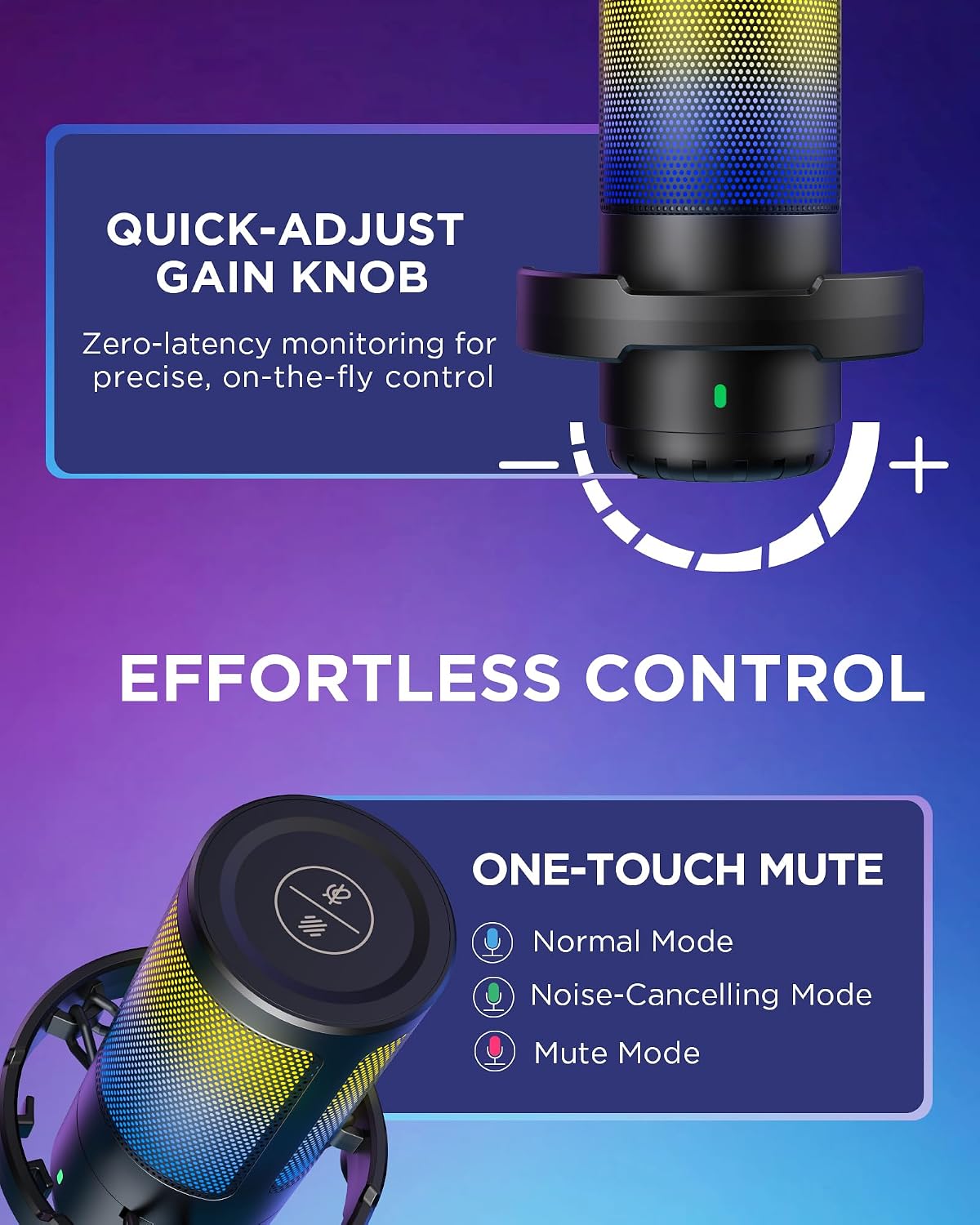 InnoGear Gaming USB Microphone, Noise Cancellation Condenser Mic with Mute, Gain, RGB Indicator, Boom Arm Stand for Streaming, Podcast, Twitch, YouTube, Discord, PC, Computer, PS4, PS5, Mac, Black