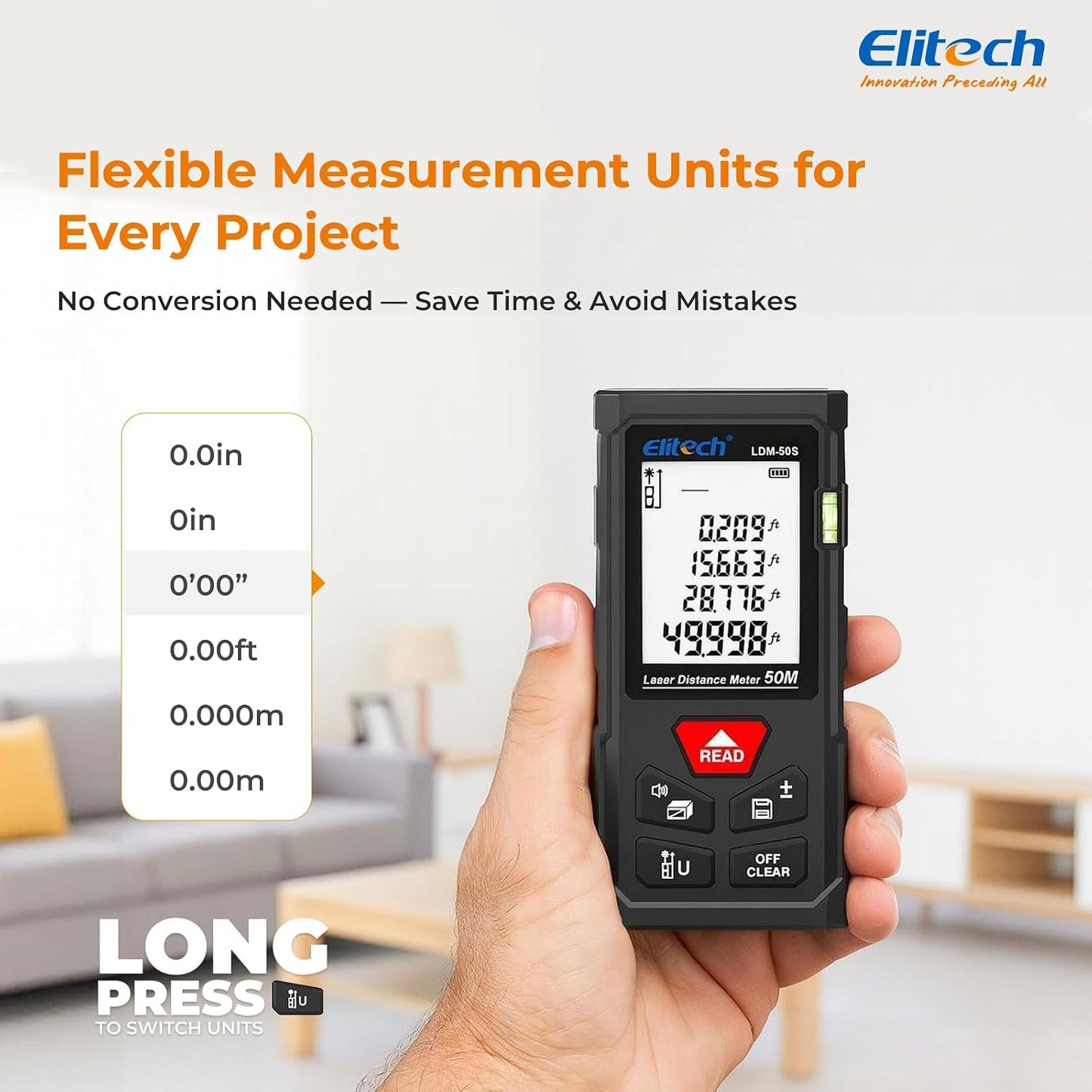 Elitech Laser Tape Measure, 165ft Laser Distance Meter with Bubble Level | 6 Measurement Modes, 99 Measurement Memory, Backlit LCD, M/in/ft Unit Switching, Simple Button Control