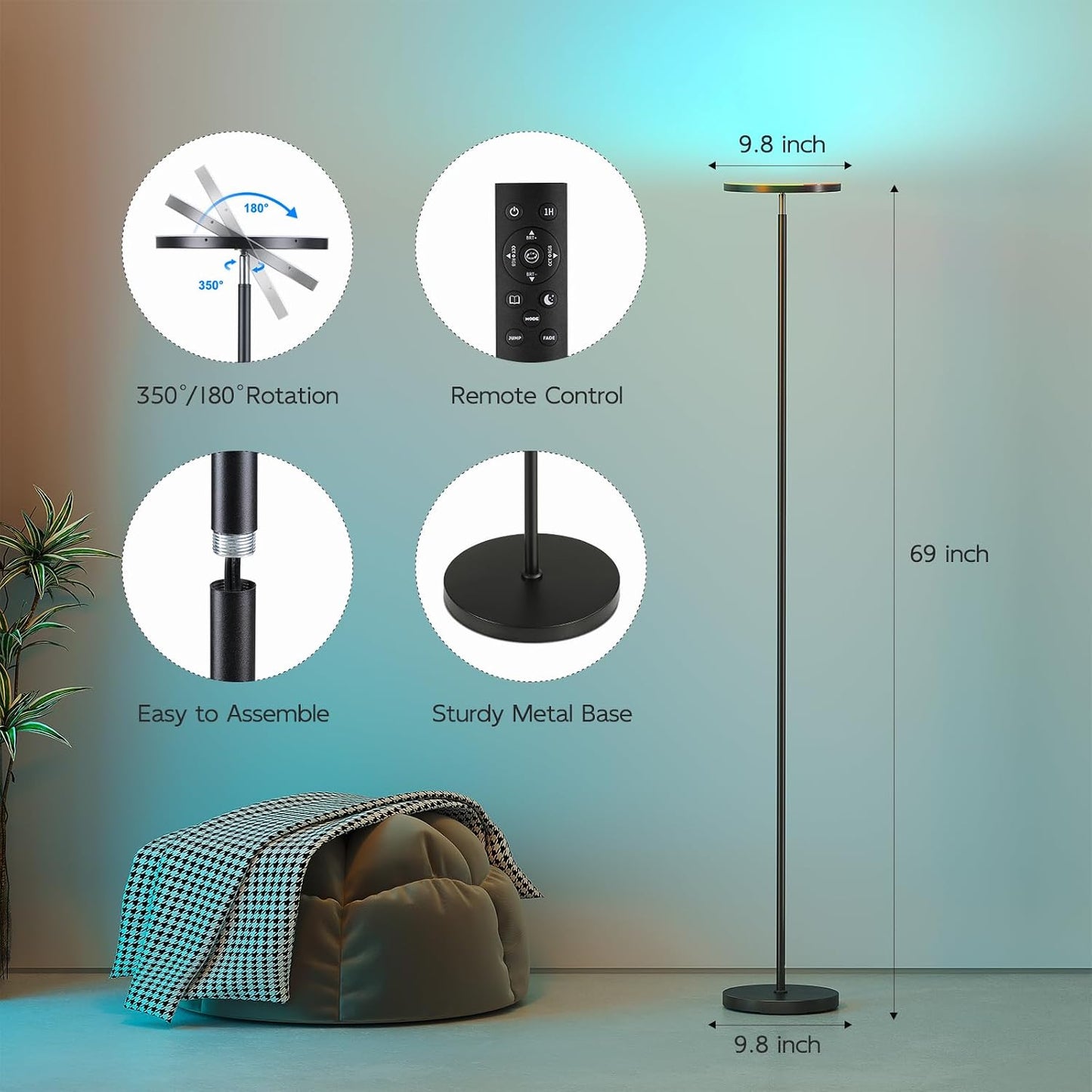 SUNMORY RGB Floor Lamps for Living Room, LED Lamp with APP Remote Control | 32W Bright LED Lights, Tall Standing Lamp with Stepless Dimmable, Modern Torchiere Corner Lamp for Bedroom, Gaming Room