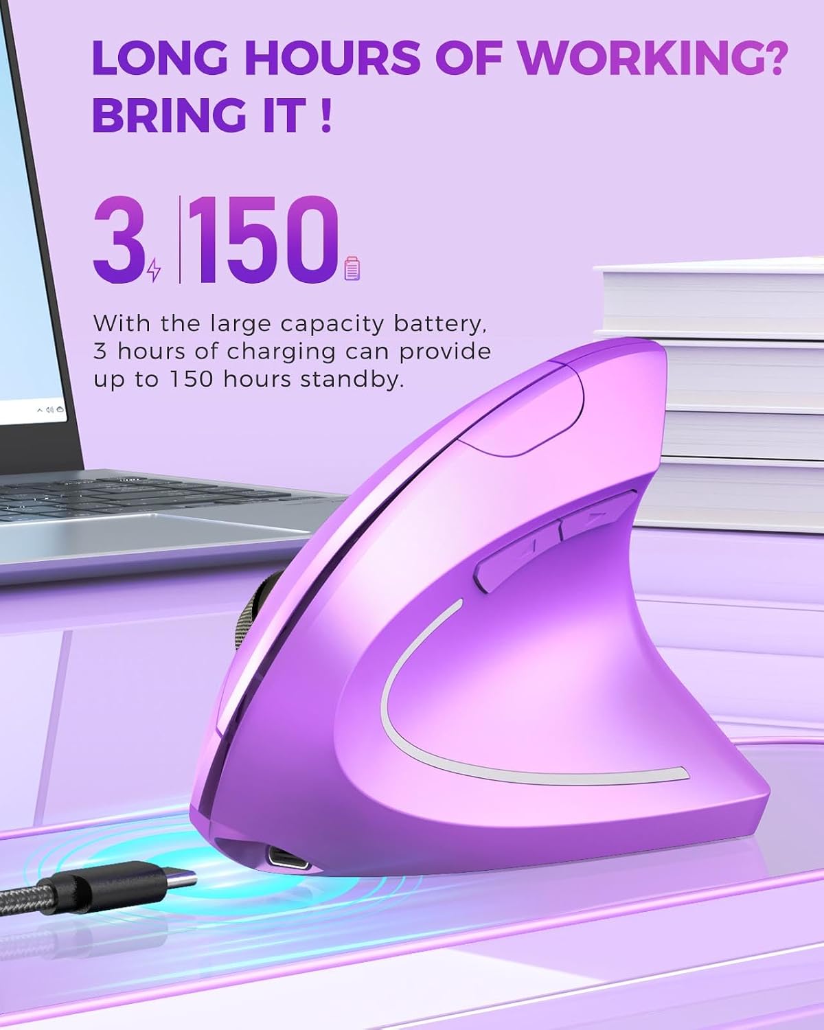 Lekvey Ergonomic Mouse, Rechargeable Vertical Wireless Mouse, Purple | USB-C Charging, 2.4G USB Wireless, Plug & Play, 3 DPI (800/1200/1600), Quiet Clicks, Carpal Tunnel Mouse, for Laptop, PC, Mac