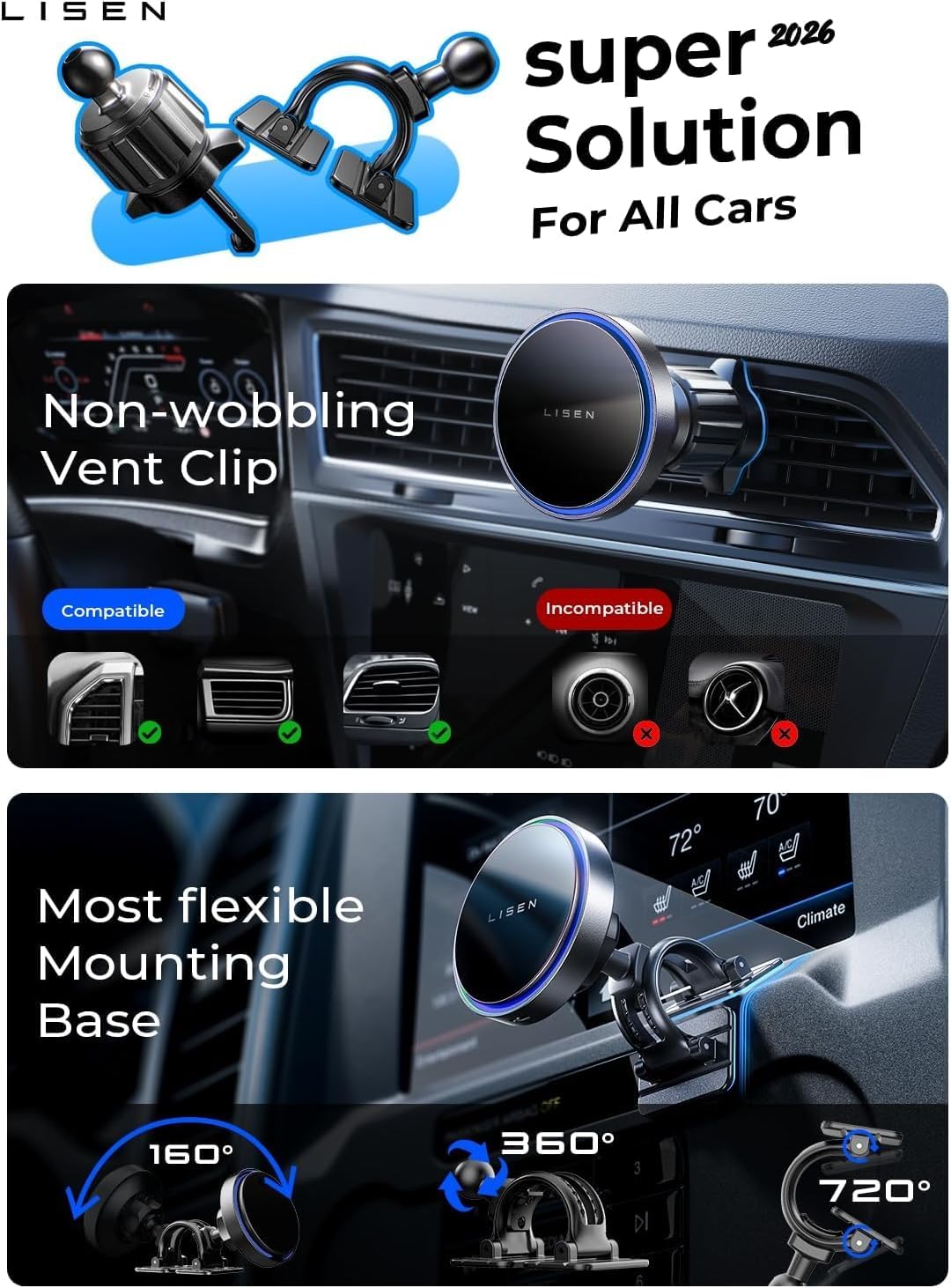 LISEN 15W MagSafe Car Mount Charger, Magnetic Phone Holders for Your Car | [Dual Mounting Type for 99% Vehicles] Magsafe Car Mount,15W Magnetic Wireless Car Charger Car Accessories for iPhone 17-12