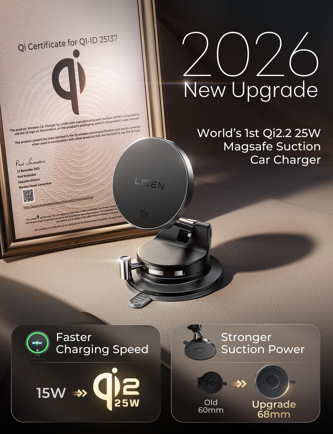 LISEN for Qi2.2 25W MagSafe Car Mount Charger,Magnetic Wireless Car Charger | [With 54W Adapter] Vacuum Suction Car Phone Mount, 360° Magnetic Wireless Phone Holders for Your Car, Only for iPhone 17-12