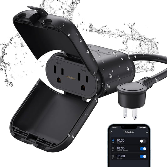 ELEGRP PQR22 Outdoor Smart Dimmer Plug Waterproof IP66, Smart WiFi Plug with 2 Individually Sockets, Compatible with Alexa & Google Assistant, Outdoor Dimmer for String Lights, UL Listed, 1 Pack