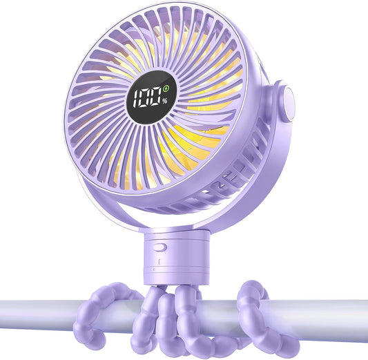 Coohea Portable Stroller Fan, 25H Long-lasting, 4 Speed, Night Light,Purple | 4000mAh Rechargeable Battery Powered Fan, Head Detachable 360° Rotate Mini Fan, Easy to Wrap for Car Seat Crib Bike Treadmill