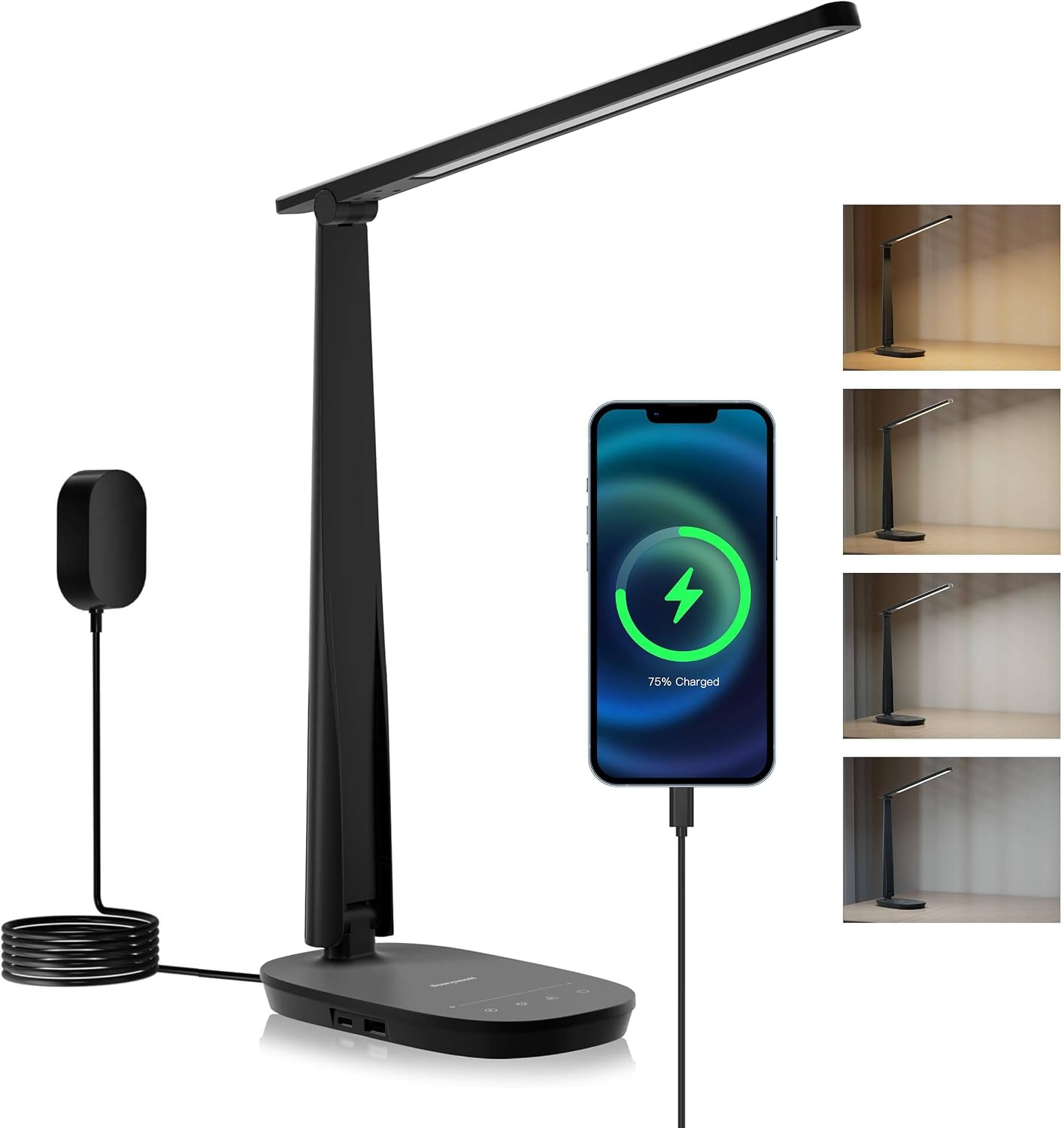 Honeywell HWT-H2 LED Desk Lamp for Home Office, CRI94 Full Spectrum Eye-Caring Light, Dimmable Table Lamp with USB-A & USB-C Charging Ports, Foldable Touch Control Reading Lamp, Black