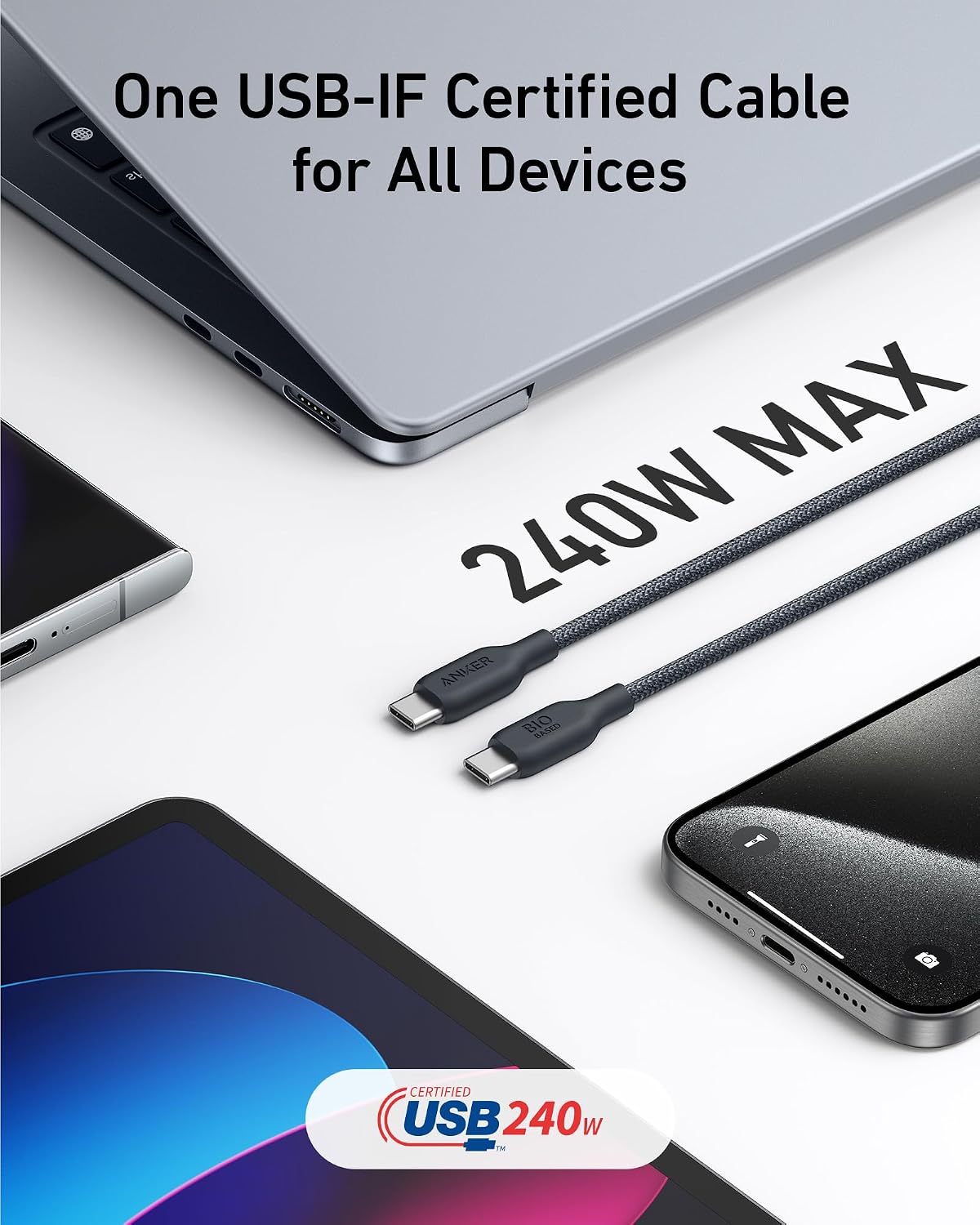 Anker USB C Cable, 240W Type C Fast Charging, USB 2.0(10 ft, Phantom Black) | Bio-Braided Cord for iPhone 17 Series, MacBook Pro 2020, iPad Pro, and More