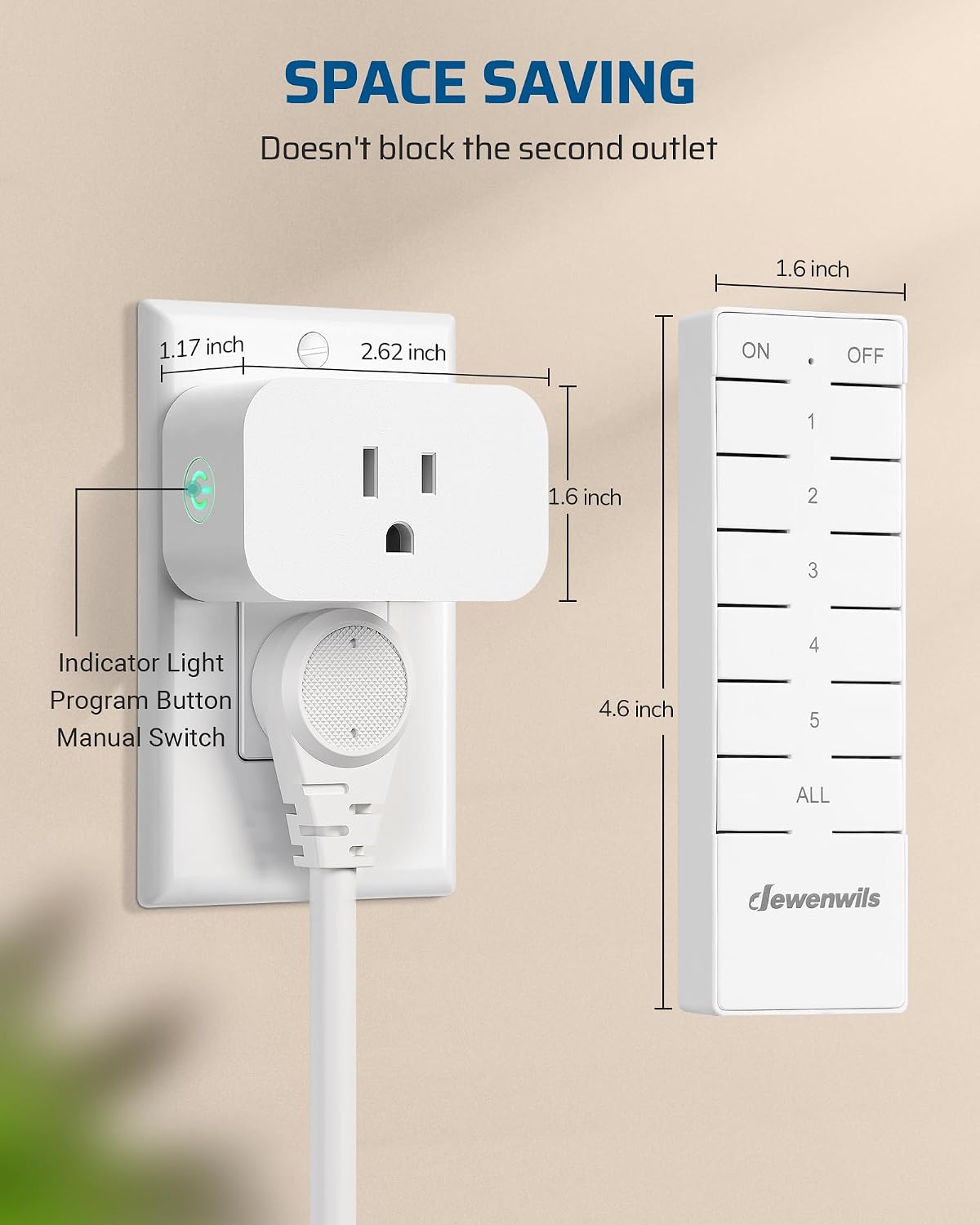 DEWENWILS Remote Control Outlet with All On/Off Button, Indoor Remote Outlet Switch for Lights, Lamps, Fan, 2 Mountable Brackets, 15A/1875W, 100FT, 2 Remote and 5 Outlets