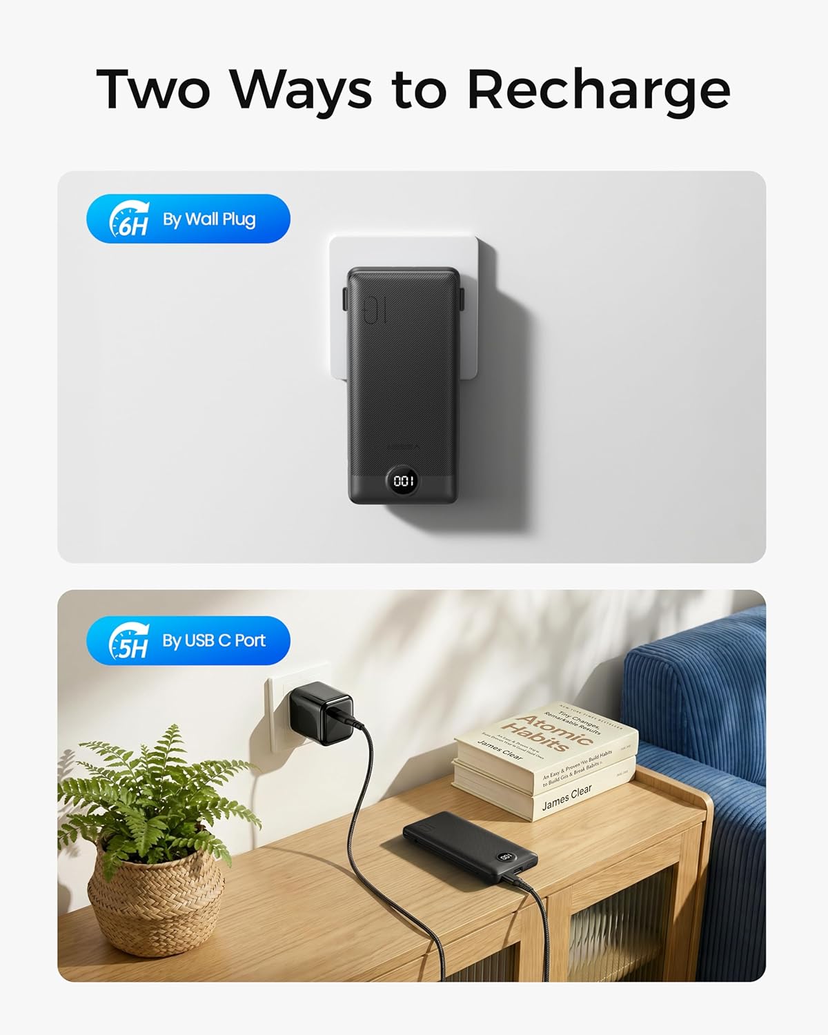 VEGER Portable Charger for iPhone, Power Bank Built in Cable and Wall Plug | 10000mAh,Ultra Slim&Compact,5 Outputs,LED Display,Flight-Safe,Travel Essentials Battery Pack for iPhone 17,iPad, Samsung,etc