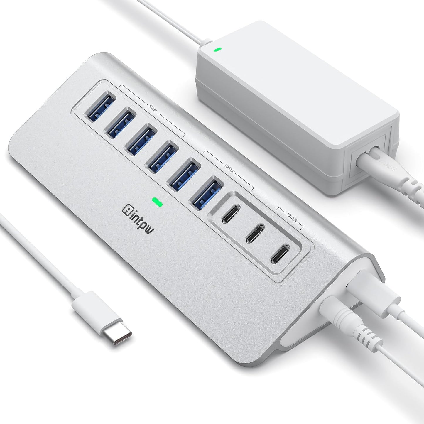 Powered USB Hub 10Gbps, intpw 9-Port USB 3.2 Hub, USB C Hub with USB A/USB C 3.2, 4 USB 3.0, 2 PD 45W Charging Ports, 65W Power Adapter and 3.3FT Cable, Aluminum USB Hub for PC,Laptop,iPhone 17/16/15