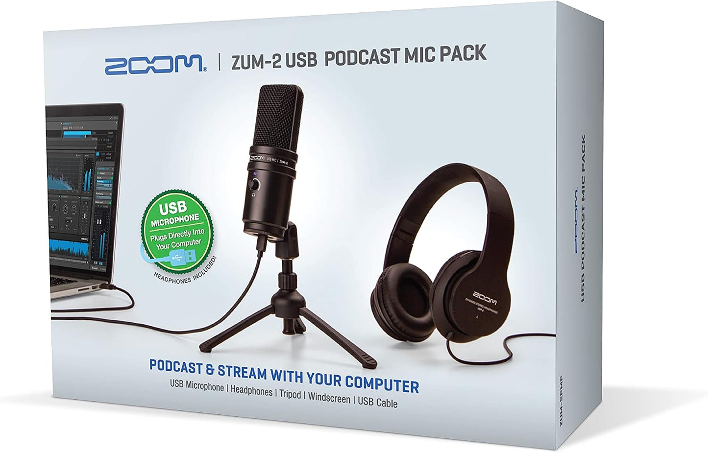 Zoom Zum-2 Podcast Mic Pack with USB Mic, Headphones & Stand | Perfect for Podcasters USB Microphone, Headphones, Tripod, Windscreen, and USB Cable Included