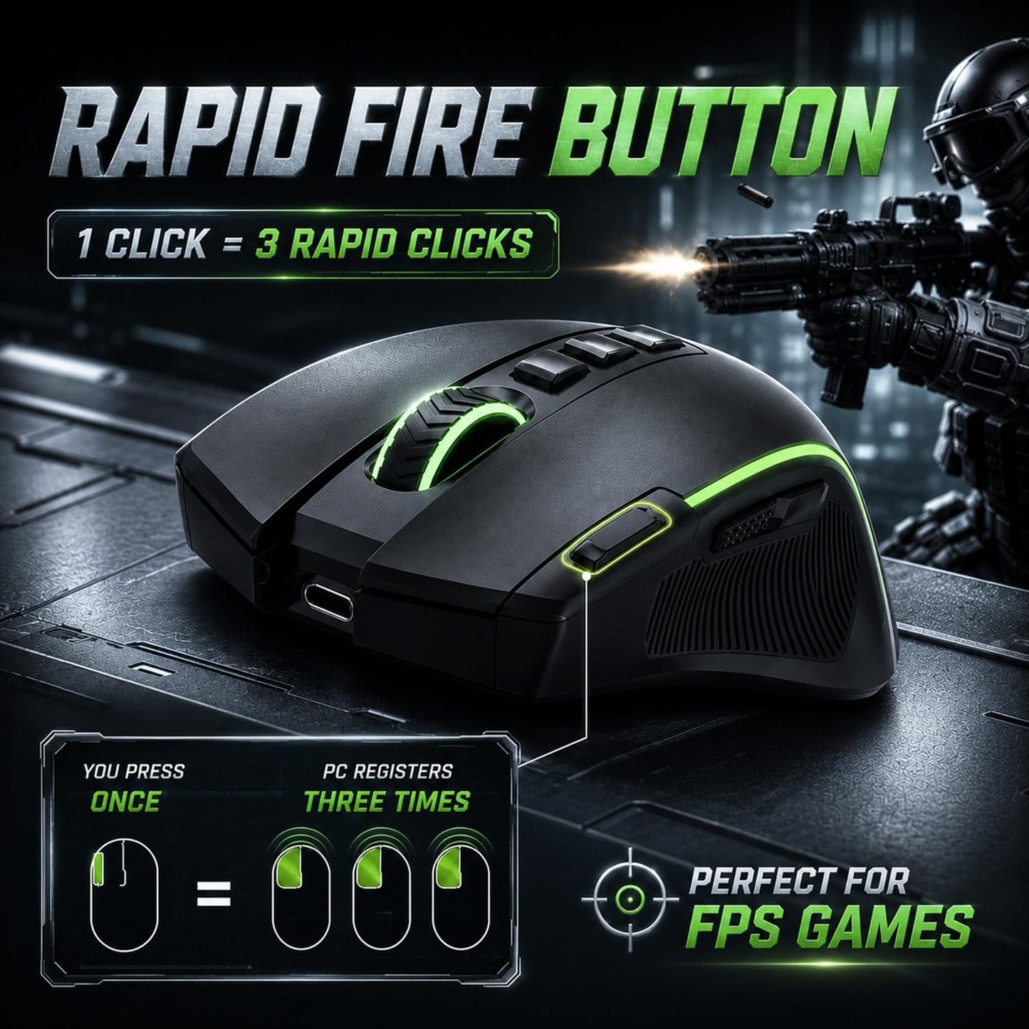 E-YOOSO Ergonomic Wireless Gaming Mouse, Tri-Mode, Rapid Fire Key, 8000 DPI | 9 programmable buttons, 6 RGB modes, 75-hour battery, contoured thumb rest, 1000Hz polling, for right-handed gaming and work