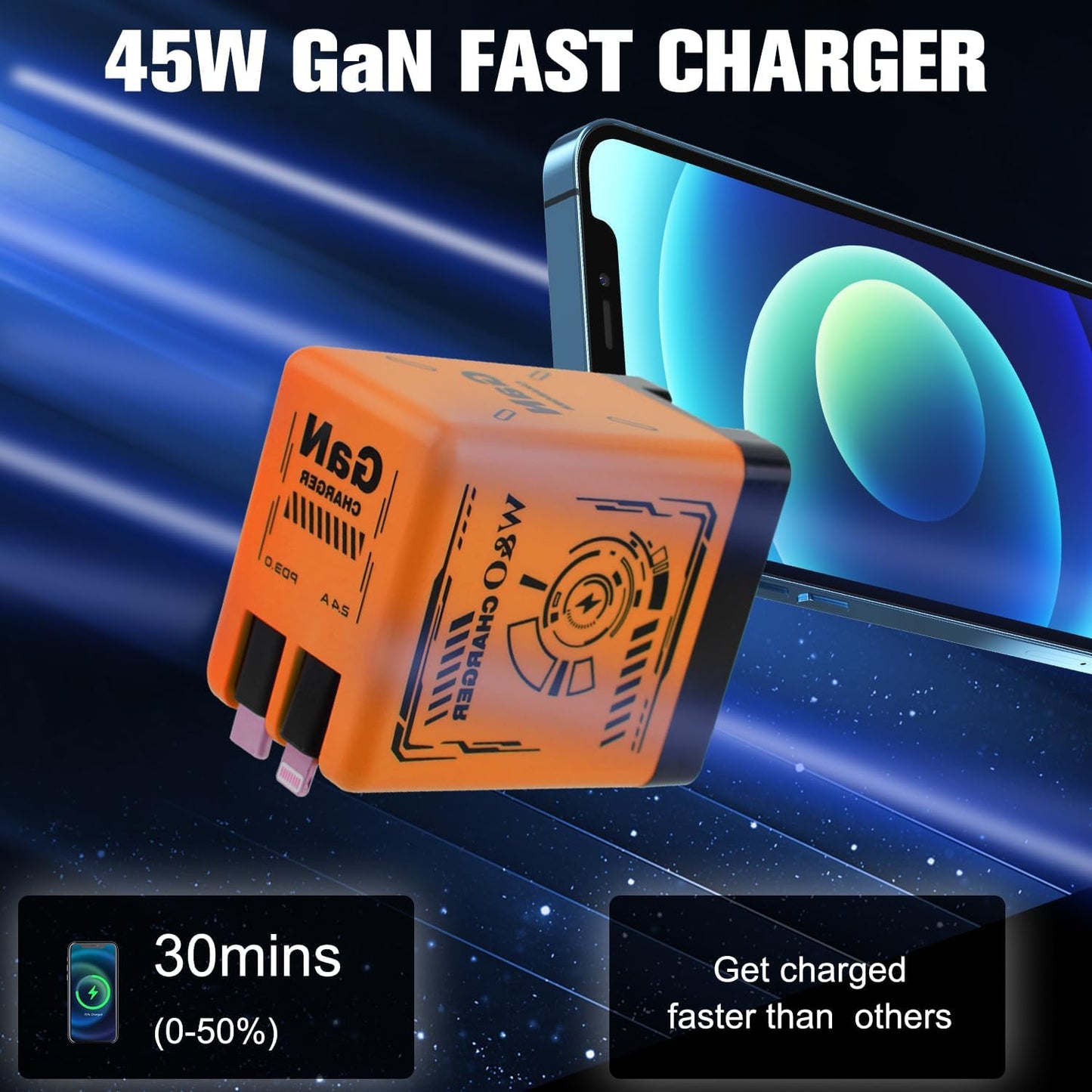 2-in-1 GaN Charger Fast Charging, with Lightning and Type-C Cables, Green | Retractable Phone Chargers, Foldable fast charger Compatible with iPhone&Most Android