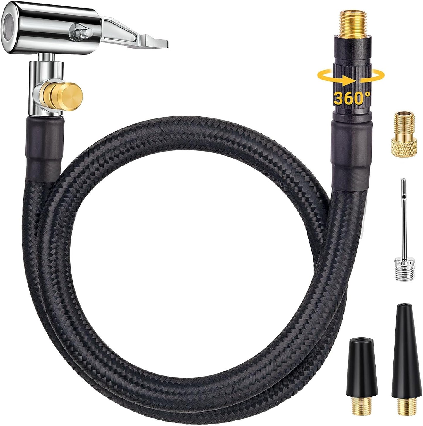 Upgraded Tire Inflator Hose Adapter w/360° Rotating End, 21'' Tire Inflation Hose w/Self-Locking Air Chuck for Quick Connect & Release, Presta Valve & Ball Needle for Tire Pump Portable Air Compressor