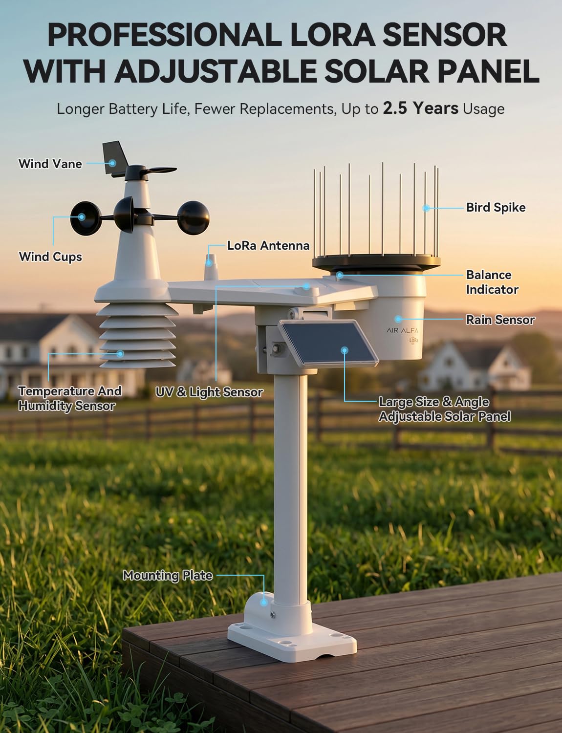 4900FT WiFi Smart Weather Stations Wireless Indoor Outdoor, LoRa Based Wireless Weather Station with 7-in-1 Solar Sensor, Thermo-Hygro Sensor, Bird Spike, CSV Export &amp; Calibration Black