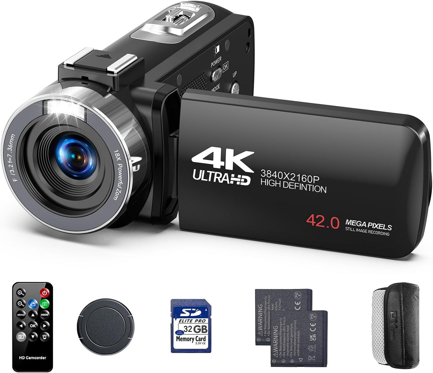 4K Video Camera Camcorder, 42MP Vlogging Camera for YouTube with 32GB SD Card, 2 Batteries, 3" 270° Rotating Screen, 18X Digital Zoom, Remote Control, Webcam for Live Streaming