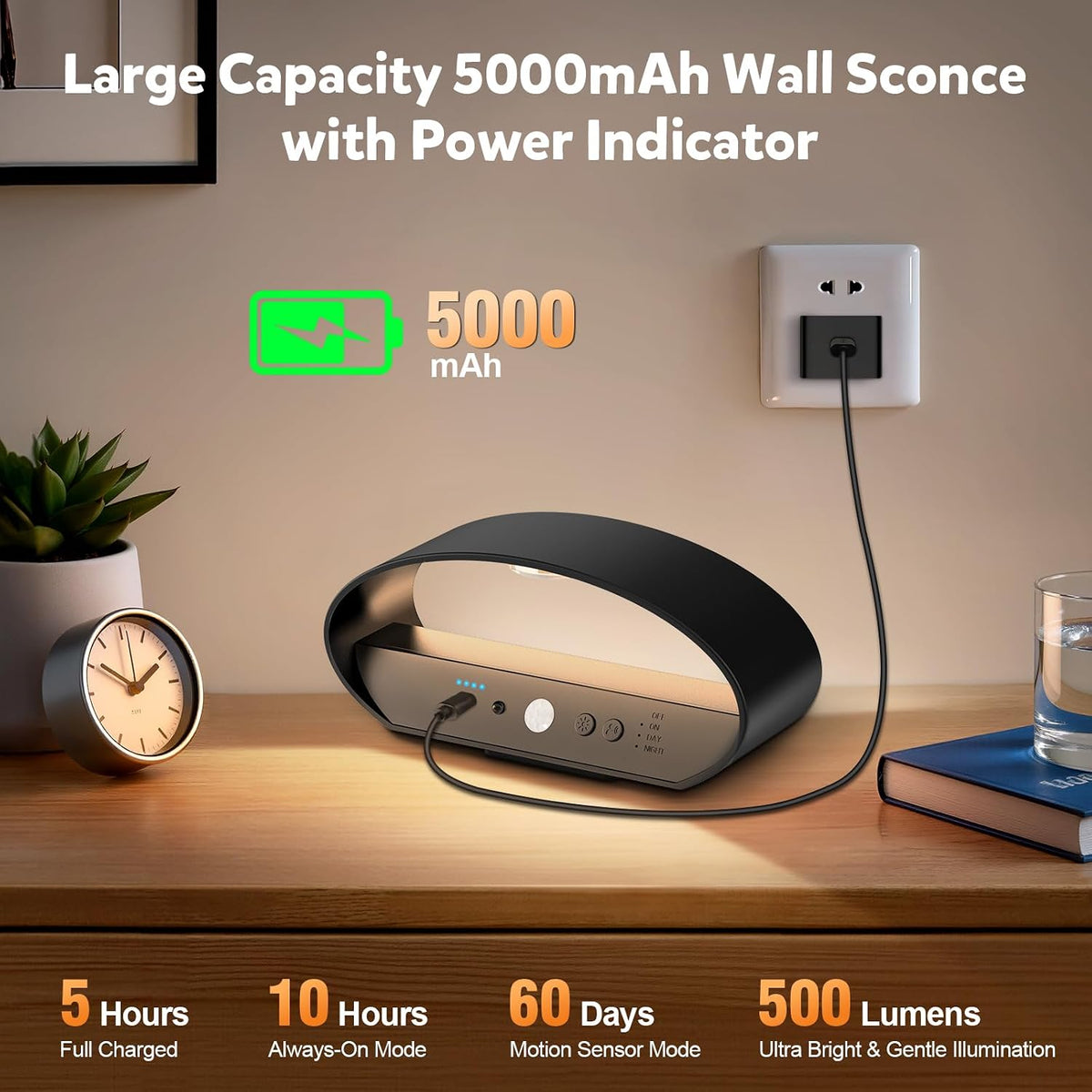 Motion Sensor Wall Sconces Set of 2, Rechargeable 5000mAh Battery Operated Wall Light with Remote Control, 15 RGB and 3 Colors Dimmable, Up and Down Wireless Wall Mount Light for Hallway Stair