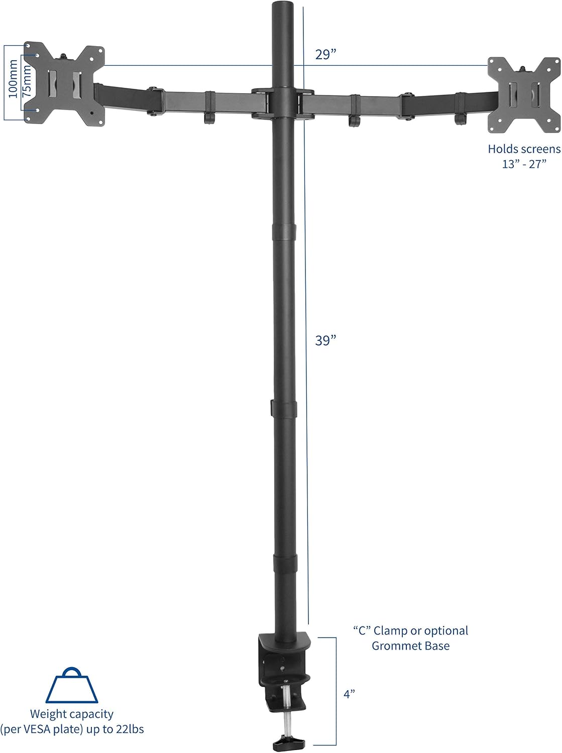 VIVO Dual Monitor Stand Up Desk Mount Extra Tall 39 inch Pole, Fully Adjustable Stand for up to 27 inch Screens, Black, STAND-V012