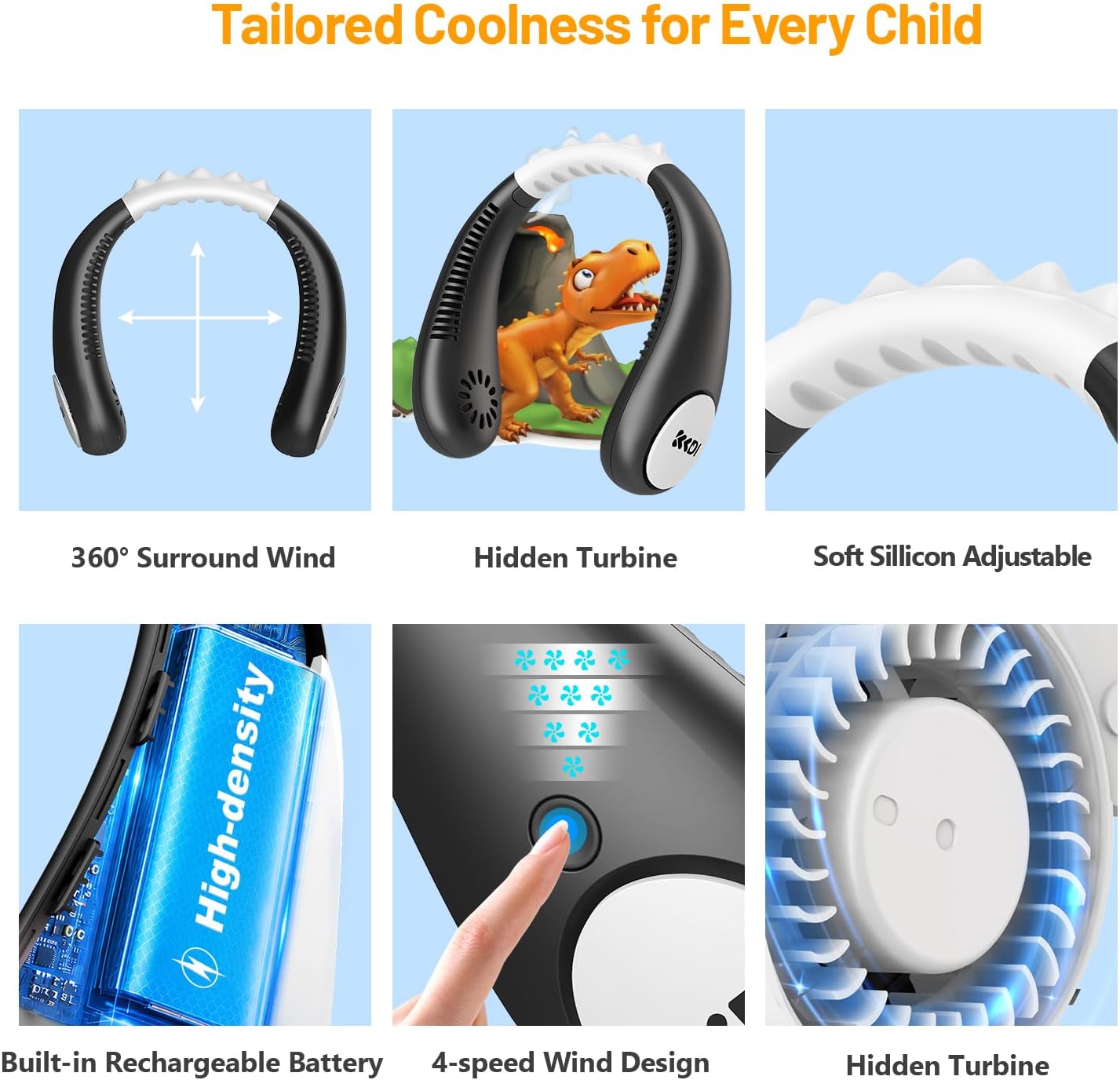 Kids Neck Fan, Portable Bladeless Fans for Kid 4-14Y Girls & Boys, 2600mAh USB Personal Mini Cooling Fan for Travel/Camping/Study, 4 Speeds, Lightweight, Compact, Perfect Summer Gifts for Kids