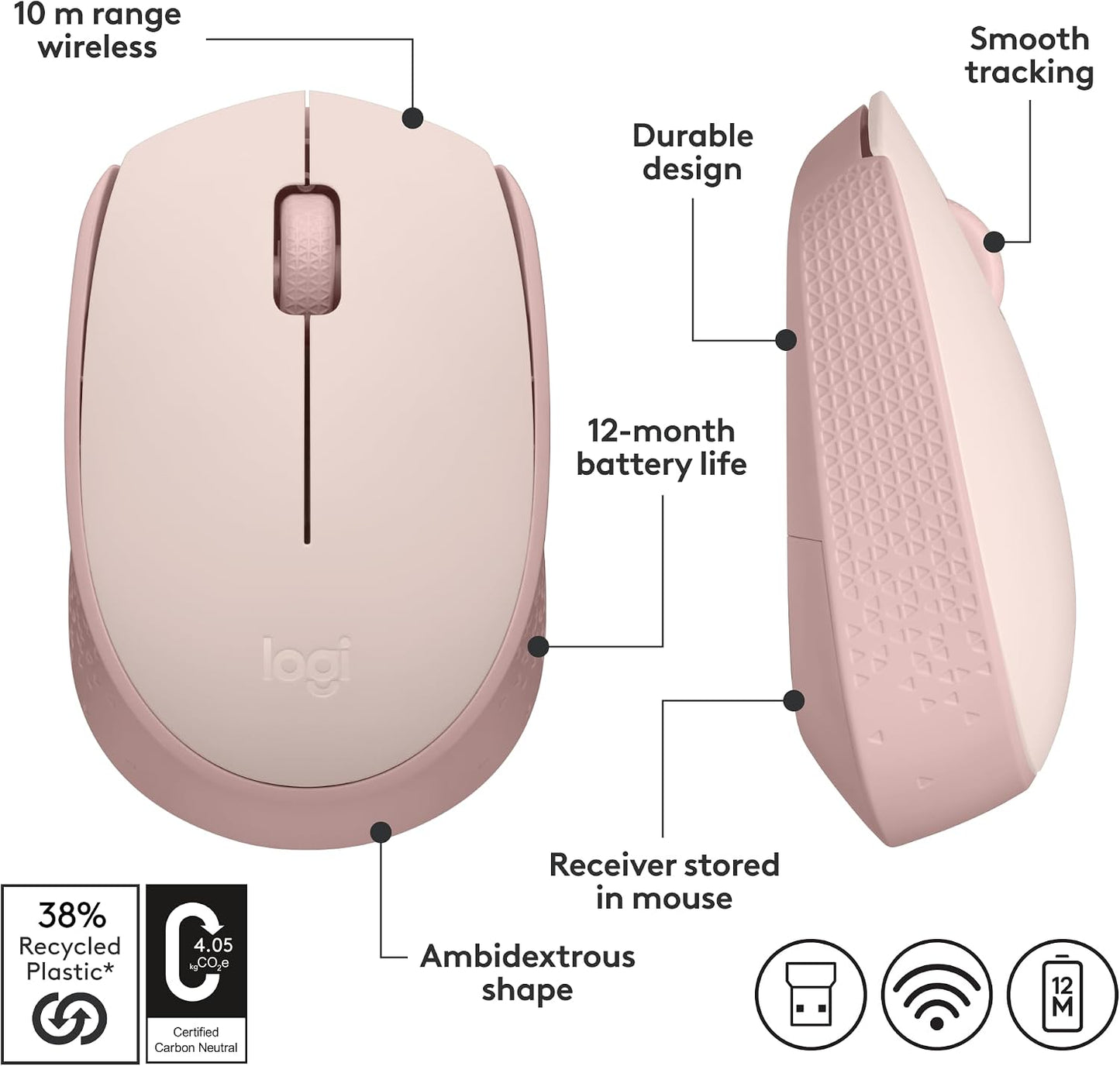 Logitech M170 Compact Ambidextrous 2.4 GHz Wireless Mouse - Rose | Ambidextrous mouse with 2.4 GHz USB-A Nano Receiver, Optical Tracking, 12-Months Battery Life, PC, Mac, Laptop compatible
