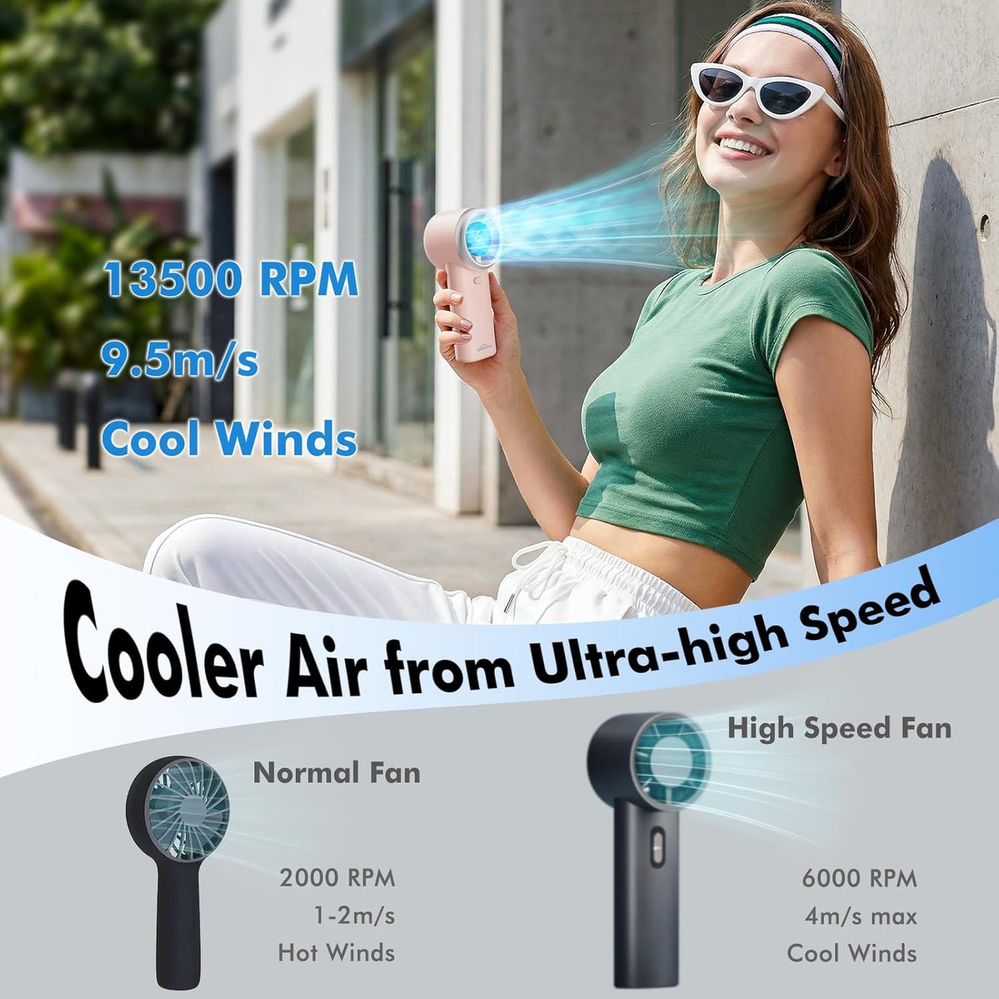 WHATOOK Portable Handheld Turbo Fan, 5 Speeds Mini Personal Fan with 4000mAh Rechargeable Battery, Small Pocket Fan for Travel Essentials, Beach, Office, Gifts for Women Men - Light pink