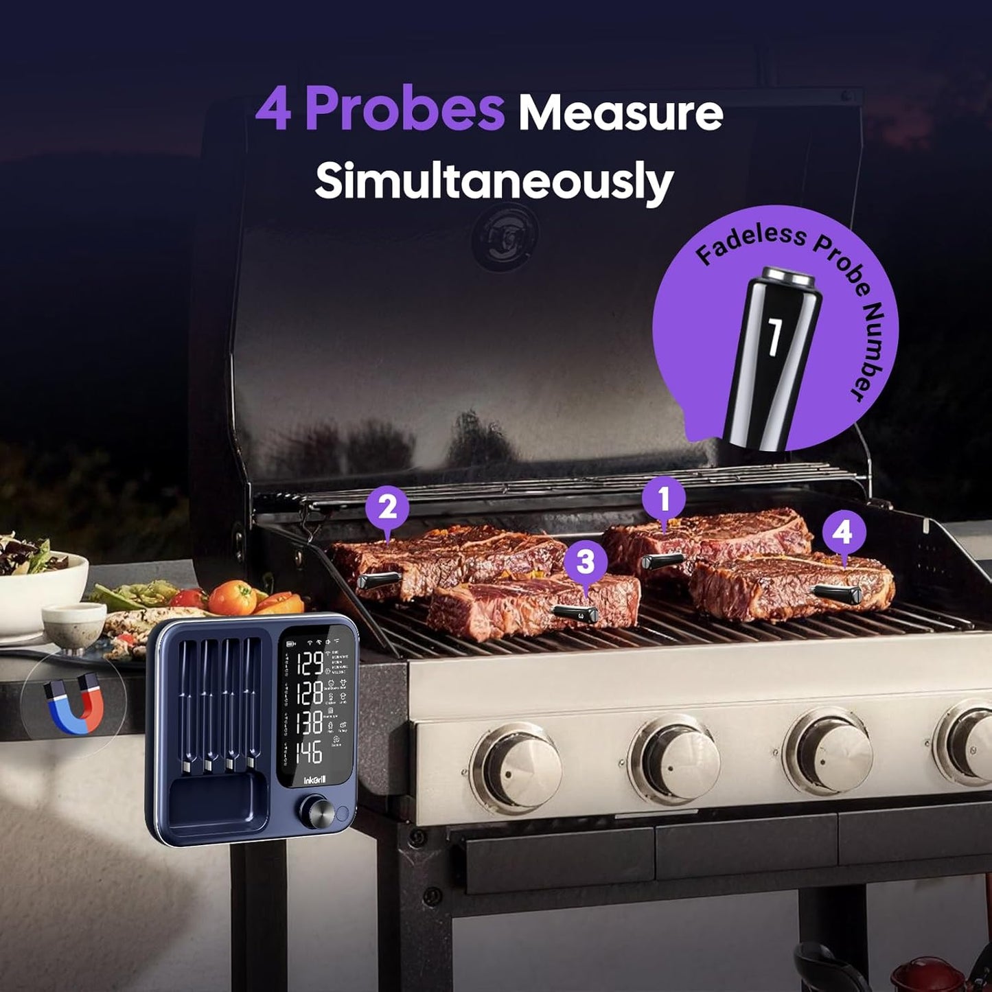 4-Probe Digital Meat Thermometer Wireless with Smart APP, Unlimited Range WiFi & Bluetooth Meat Thermometer for BBQ, Rotisserie, Oven, Grill, Smoker,and Air Fryer Cooking