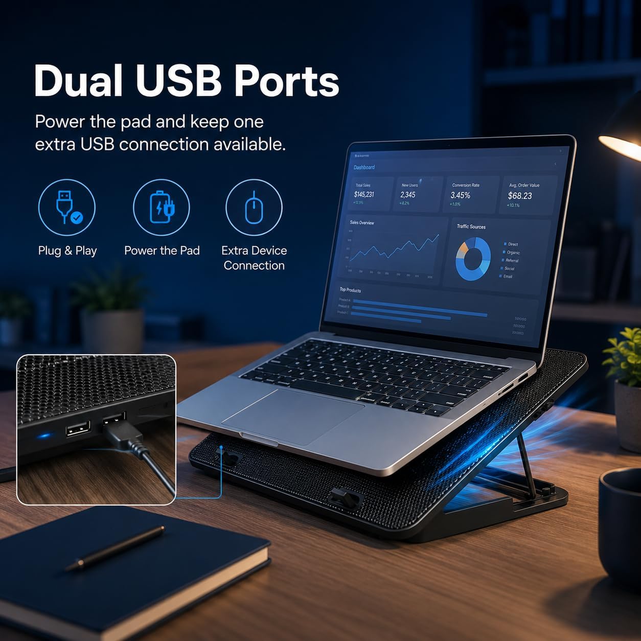 Rappet Laptop Cooling Pad, 6 Fans, 4-Level Stand, Dual USB, 12-17 Inch | Cooling and ergonomic support for 12-17 inch laptops, ideal for home offices, study spaces and daily work.