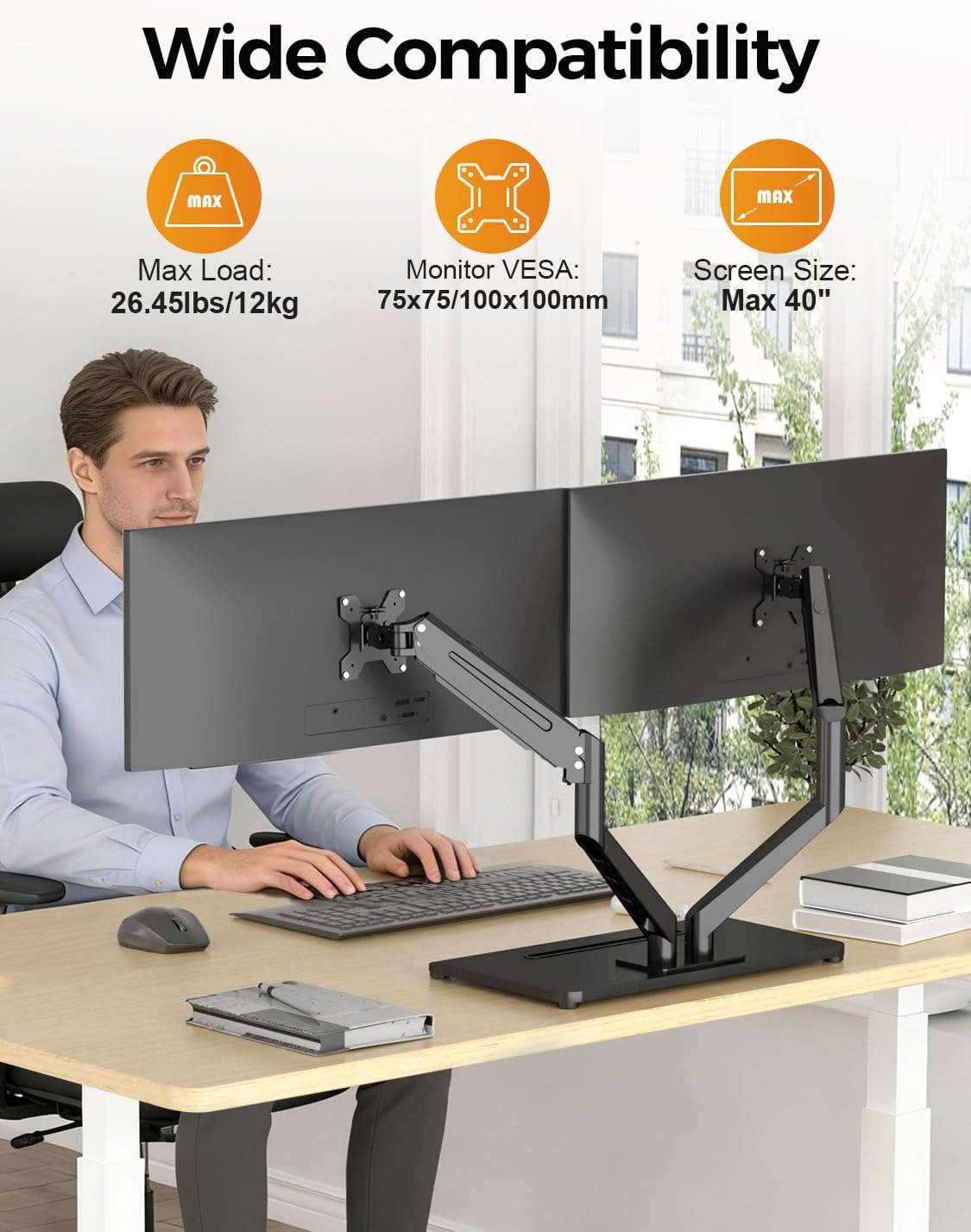 Bracwiser Dual Monitor Stand Free Standing Desk Mount, Premium Dual Monitor Arm Fits Two Screens up to 40 inch 26.45 lbs Fully Adjustable Arms with Heavy-Duty Wooden Base, Max VESA 100x100mm (MLXSPC)