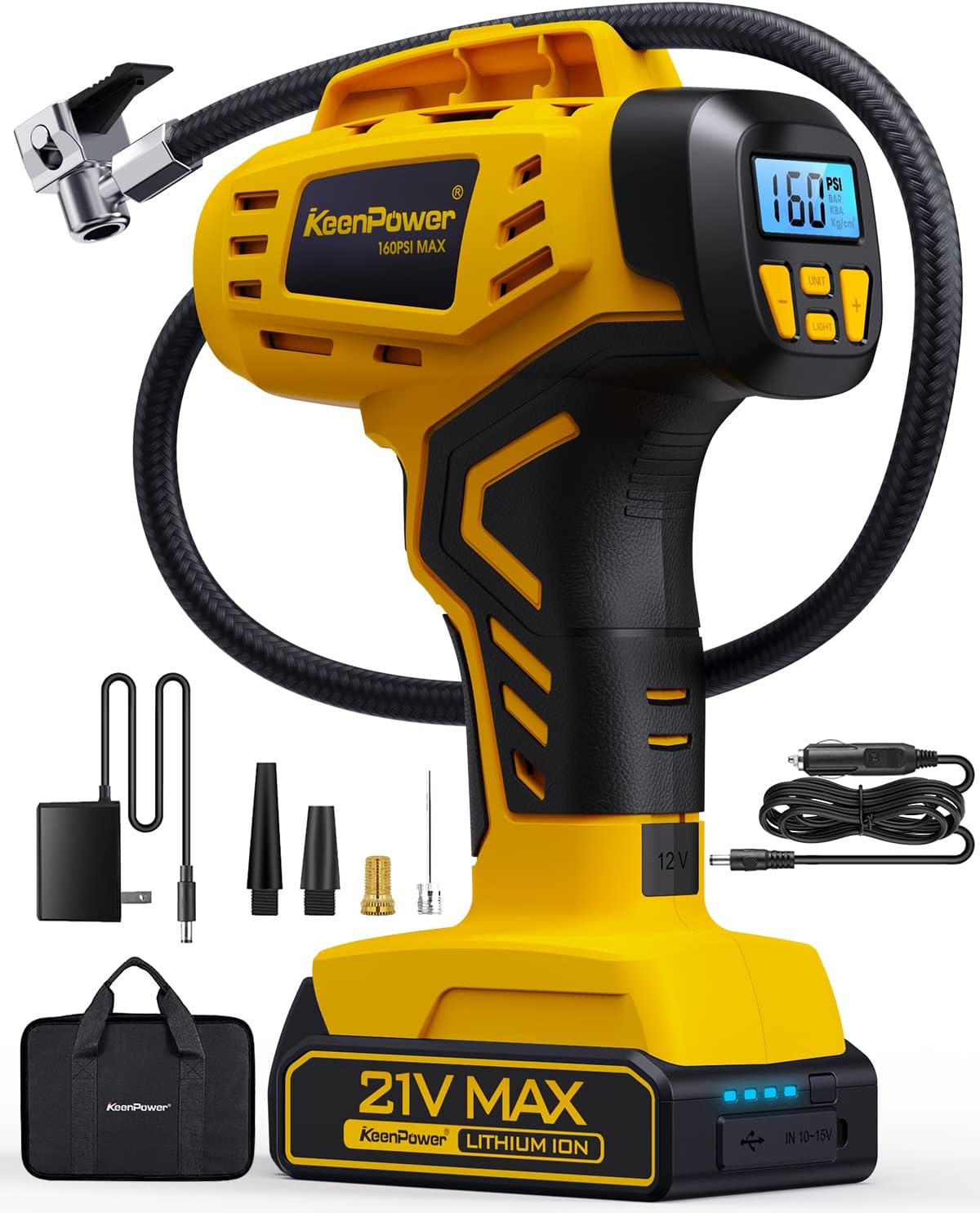 Tire Inflator Portable Air Compressor 21V Battery Powered 160PSI | Dual Power Supply, Auto Shut-Off, Digital Pressure Gauge, Super Faster Inflation Air Pump for Car Motorcycle Bike Ball Gift