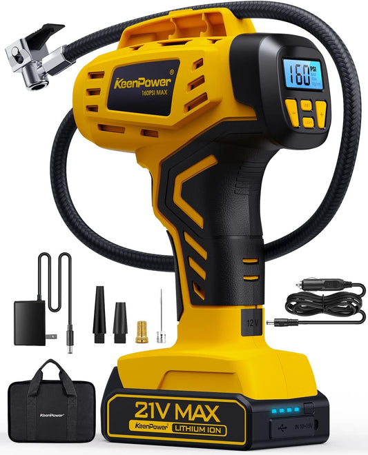 Tire Inflator Portable Air Compressor 21V Battery Powered 160PSI | Dual Power Supply, Auto Shut-Off, Digital Pressure Gauge, Super Faster Inflation Air Pump for Car Motorcycle Bike Ball Gift