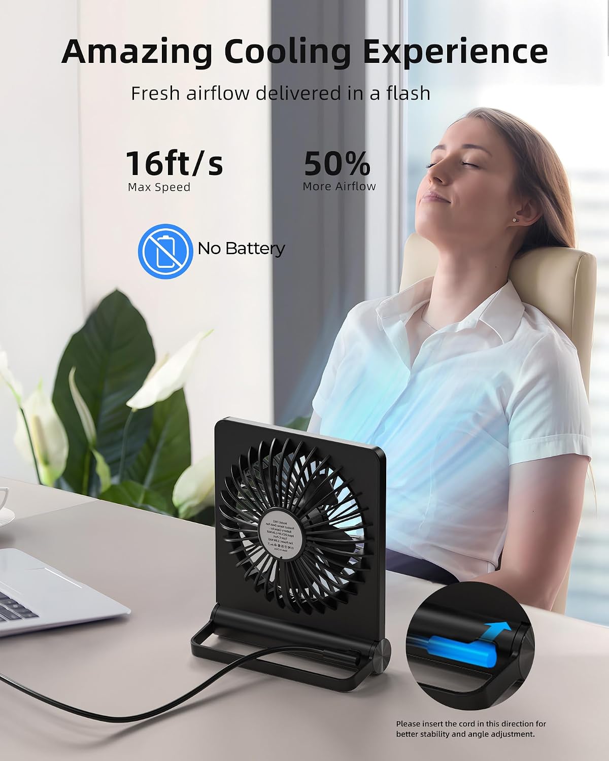 Koonie USB Desk Fan, Strong Wind Ultra Quiet Small Mini Fan | 220° Tilt Folding & 3 Speeds Adjustable, USB-C Powered Personal Fan for Home Office Desktop, Black, NO BATTERY