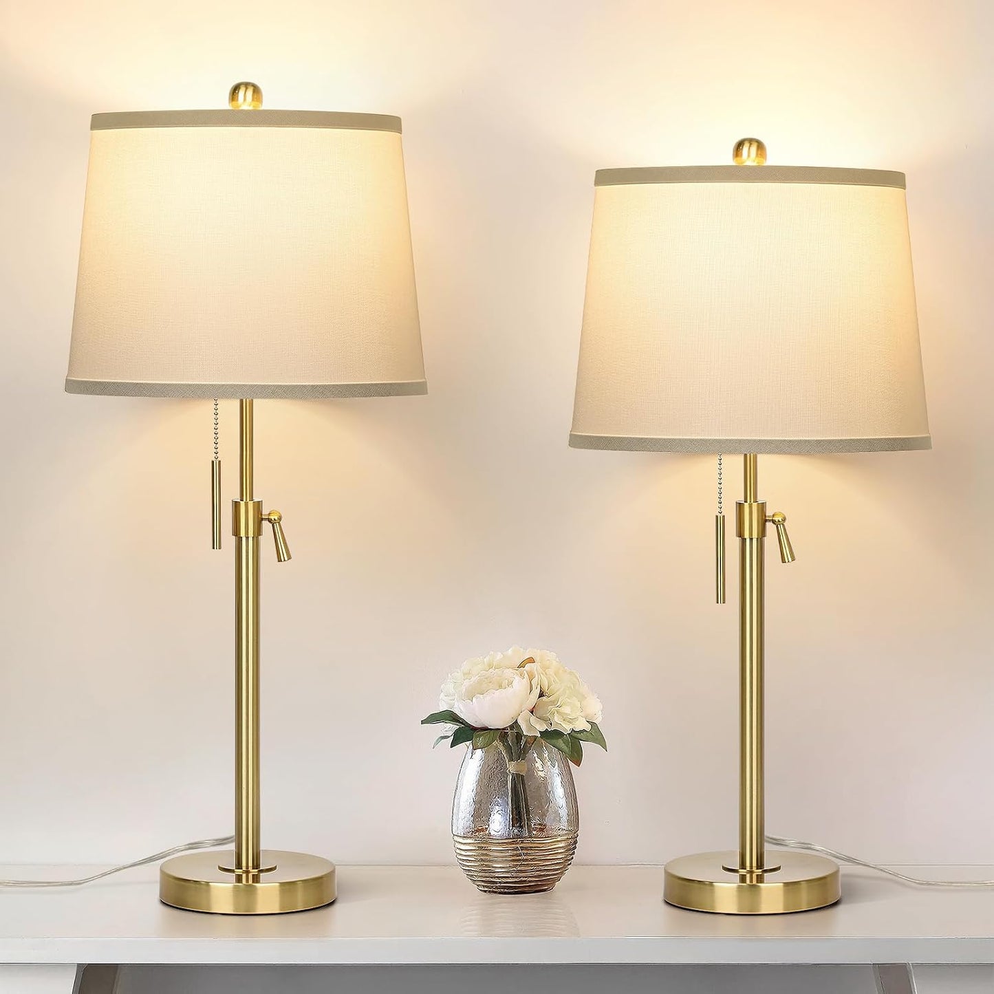 JUNNAI 2 Pack 22"-30" Adjustable Height Table Lamps Set, Modern Gold Table Lamps with White Shade 3 Colour Temperature Pull Chain Tall Lamps for Living Room Bedroom Bedside End Table Nightstand