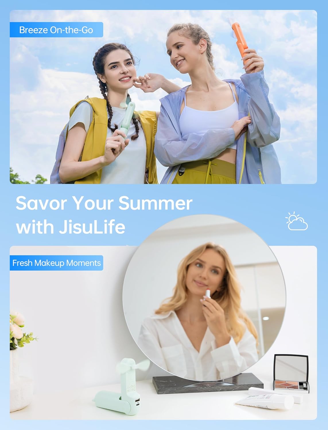 JISULIFE 3 IN 1 Portable Fan with Power Bank & Flashlight Featured | 19H Max Cooling, USB Rechargeable, Pocket-Sized Handheld Fan for Travel, Cruise, Concerts, Makeup, Summer Gifts for Women