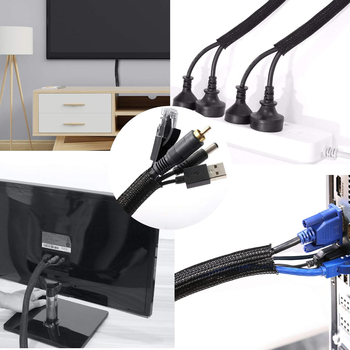 Cable Management Sleeve, Split Design, 25FT - 1/2 Inch, Black | Cord Protectors from Pets | Heat & Abrasion Resistant Wire Loom | Automotive Wiring & Home Office Cable Organization