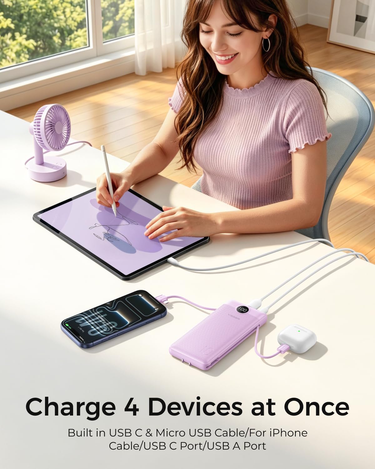 VEGER Portable Charger for iPhone, Power Bank Built in Cable and Wall Plug | 10000mAh Slim USB C Battery Pack, Travel Essentials for Camping Cruise Business Trip, Compatible with Smart Devices, Purple