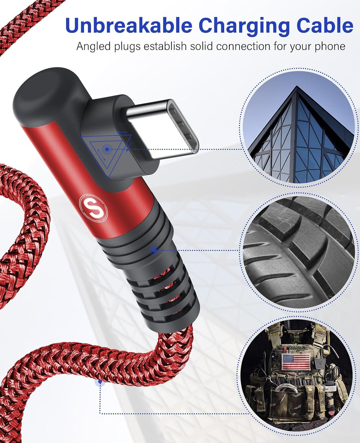 USB to USB C Cable 3.1A Fast Charge Right Angle CarPlay 6.6ft 2-Pack Red
