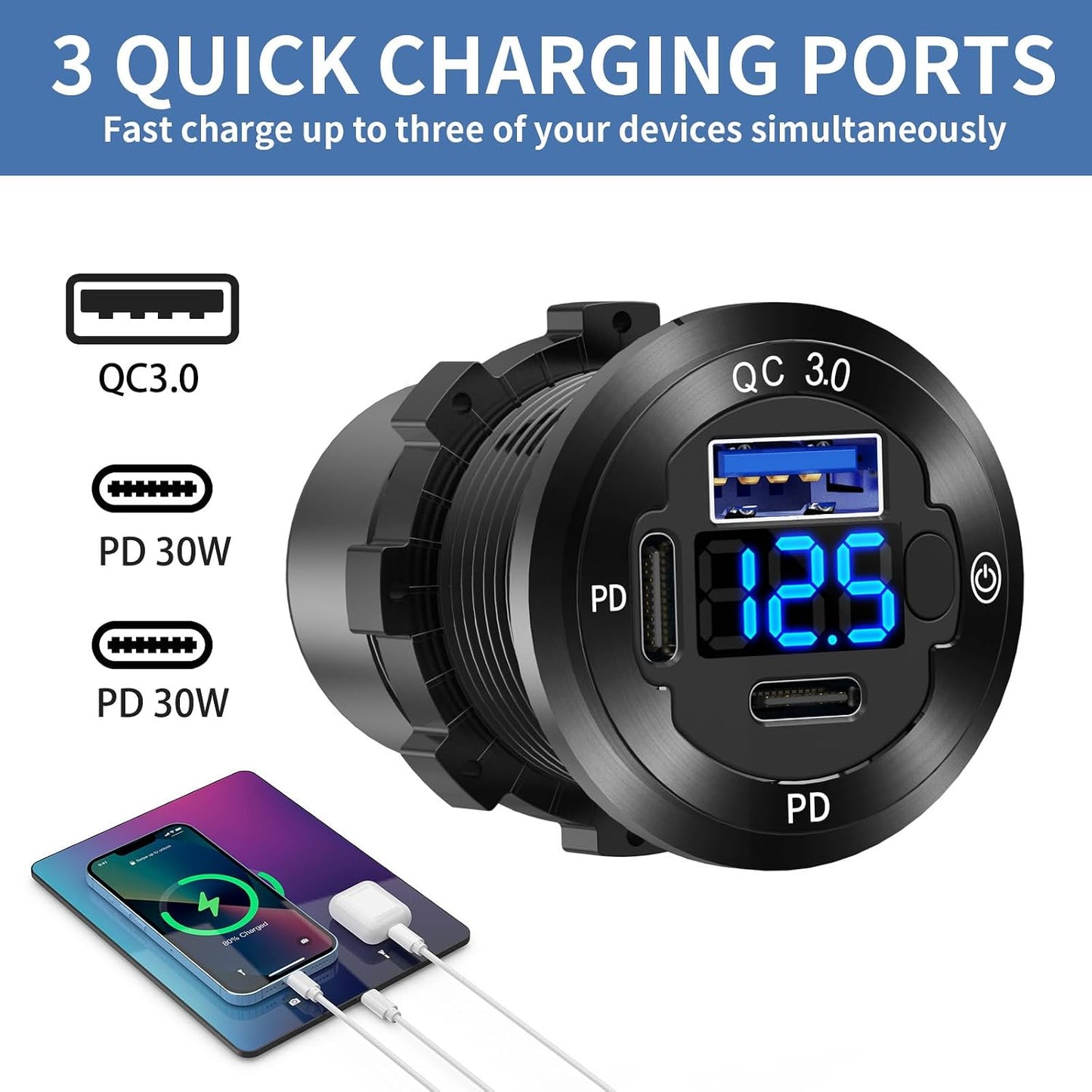 12V USB Car Socket Round USB C 12V Outlet, 3-Port Marine Fast Charger Waterproof Cigarette Outlet Replacement Aluminum with Switch & Voltmeter, Suitable for Boat Golf Cart RV Motorcycle Truck
