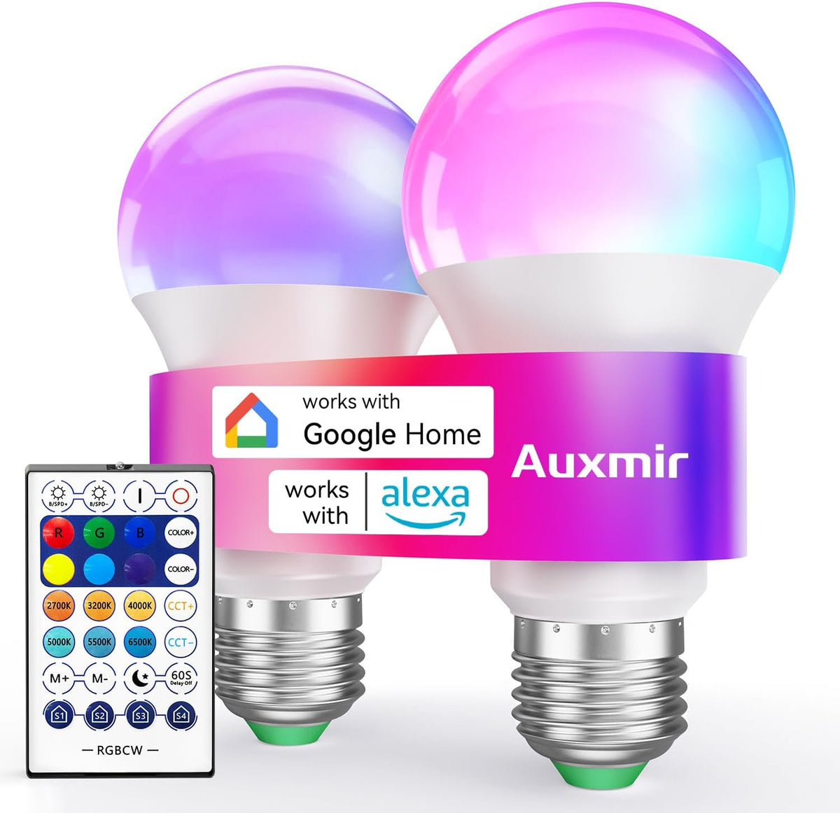 Auxmir A19 Smart Light Bulbs with Remote, RGB+CCT Color LED Bulbs, 2-Pack