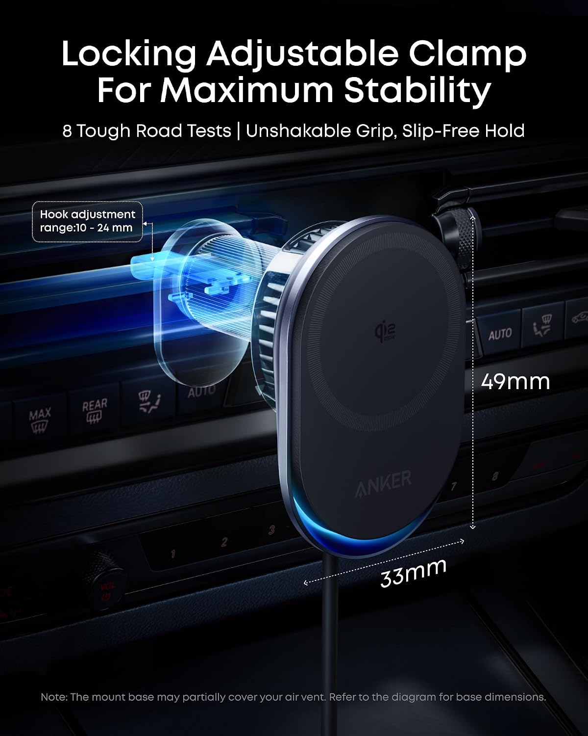 Anker Prime Qi2 25W MagSafe Compatible Wireless Car Charger Mount | AirCool Phone Holder with Vent Clip and Fast Power, for iPhone 17 - 12 Series, and More (Adapter Included)