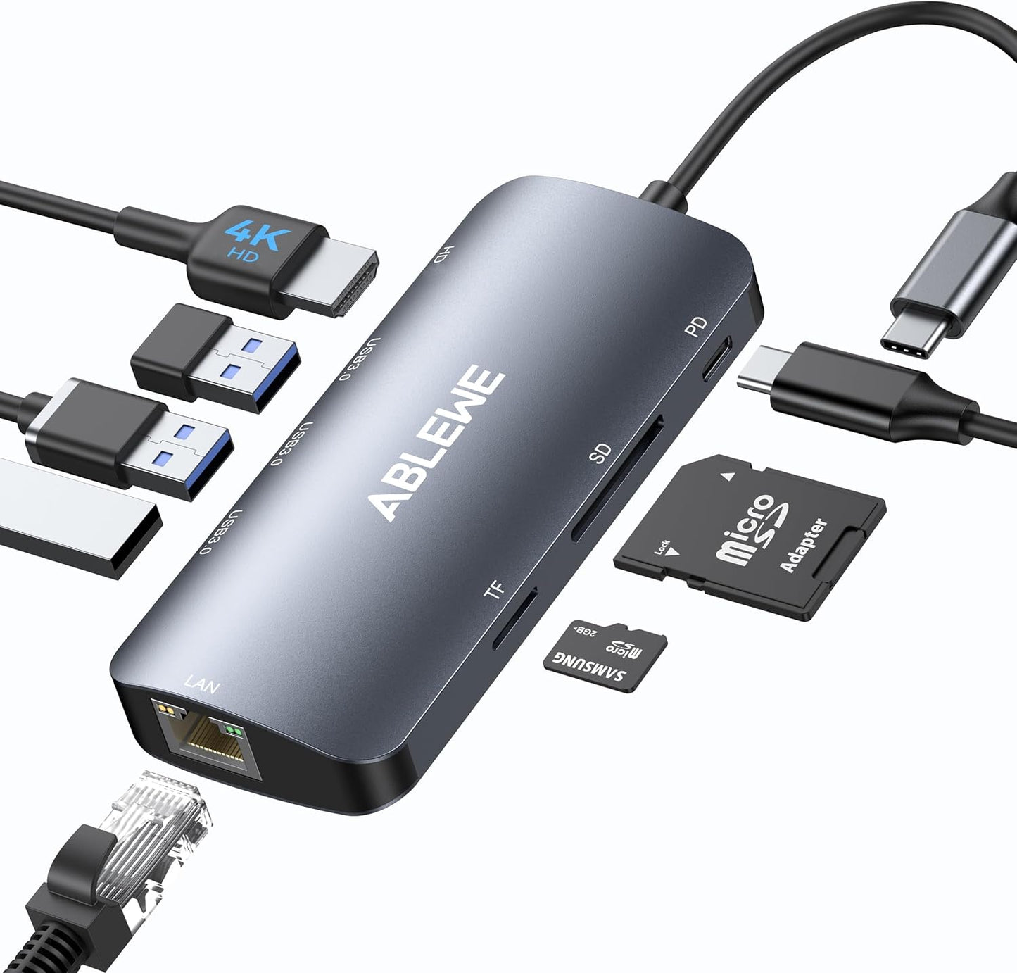 ABLEWE USB C Hub Ethernet 8-in-1, Multiport USB C to HDMI Hub, 4K@60Hz,1000Mbps, 100W PD, 3 USB 3.0 Ports, Docking Station Compatible with MacBook Pro/Air, Tablet, Phone, Type C Devices