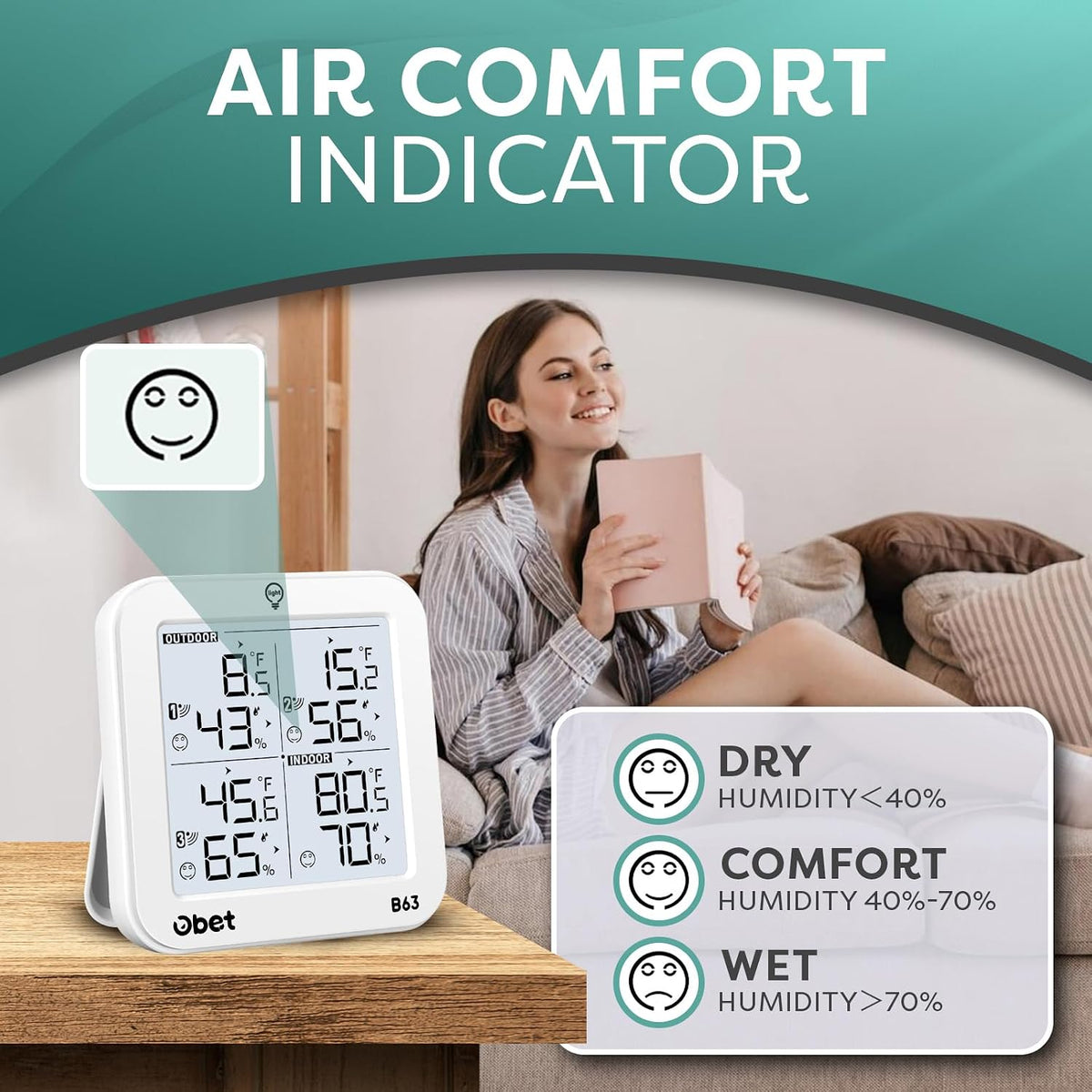 OBET Weather Station Wireless Indoor Outdoor Thermometer Wireless, Digital Temperature and Humidity Monitor with 3 Sensors, Adjustable Backlight, USB Port (500 Feet) White