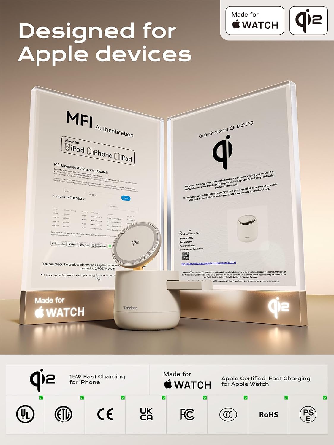 4 in 1 Qi2 Magnetic Wireless Charging Station, 15W Fast Charger with Made for Apple Watch Charging Module, for iPhone 17–12 Series & AirPods, 65W Adapter Included