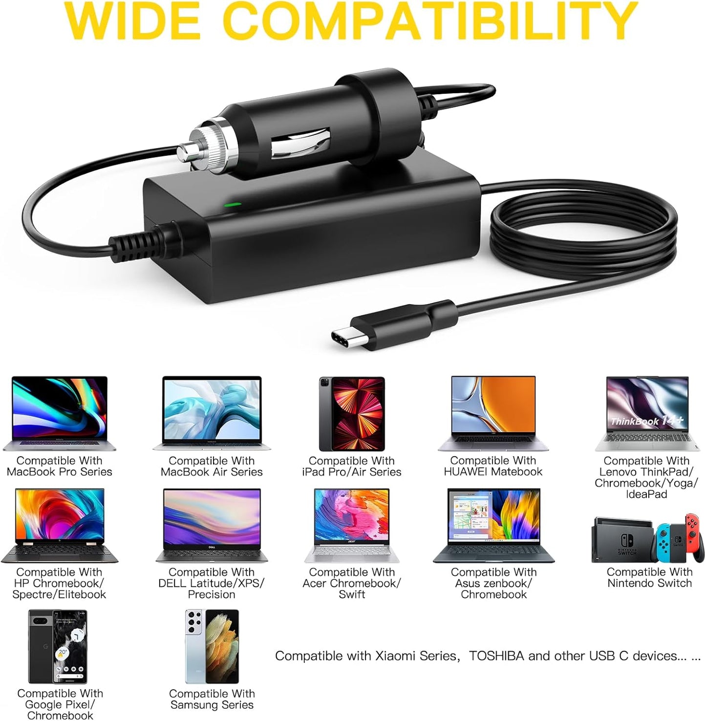 100W USB-C Laptop Car Charger for Dell Latitude/XPS/Precision,MacBook Pro | Air,for HP Spectre/Elitebook,for Lenovo ThinkPad/Yoga/IdeaPad,Acer Chromebook,Google,for Samsung,Zenbook,Car Laptop Charger