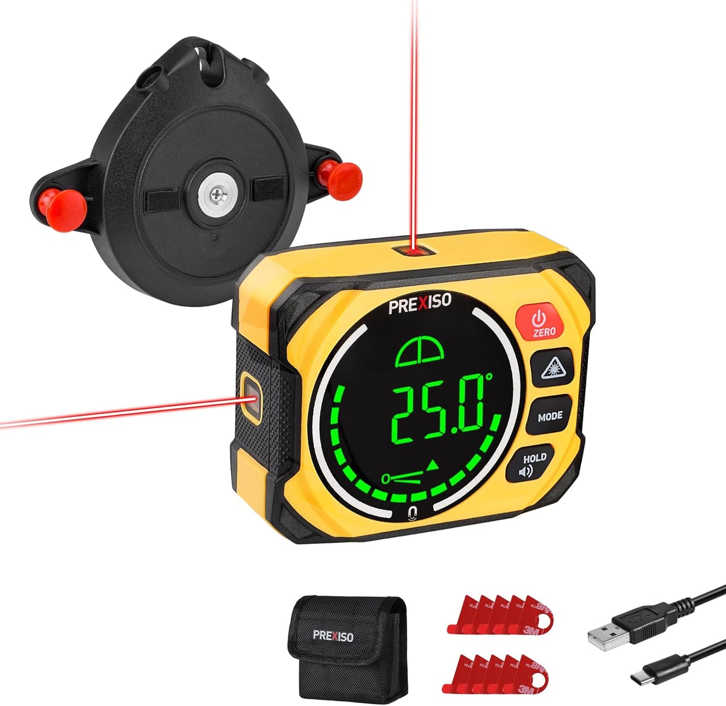 PREXISO 3-in-1 Magnetic Digital Angle Gauge, Digital Level with Laser Level | 0-90° & 0-180° Rechargeable Digital Electronic Level, Wall Mount, Angle Finder, Cross Line for Woodwork, Saw, Hanging Frames
