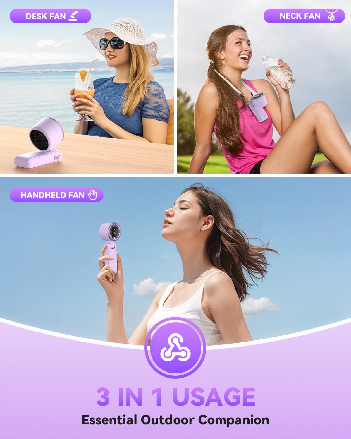 PlayHot Portable Handheld Turbo Fan, Travel Essentials, Gifts for Women/Men | 5-Speed, Up to 12H, 10m/s Airflow, USB-C Rechargeable, LED Display, 3-in-1 Foldable Personal Fan for Cruise, Beach, Vacation