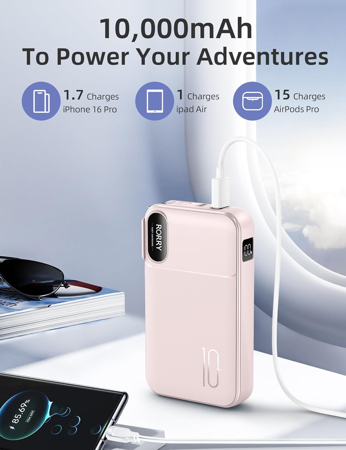 RORRY Portable Charger w/Wall Plug 10000mAh Power Bank 22.5W Battery Pack | Built in Cables, Fast Charging, for iPhone, iPad, Samsung Galaxy, Pixel, LG, Travel Essential, Digital Display, Pocket Size