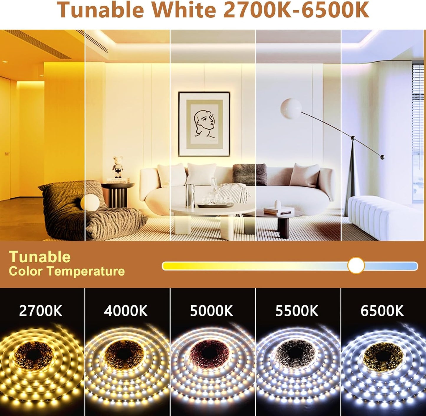 Wefomey White LED Strip Lights, 100ft Dimmable Bright 24V Led Tape Light with Remote and App Control, 2700K-6500K White 1440 LEDs Lights for Bedroom, Kitchen, Ceiling (1 Rolls of 100ft)