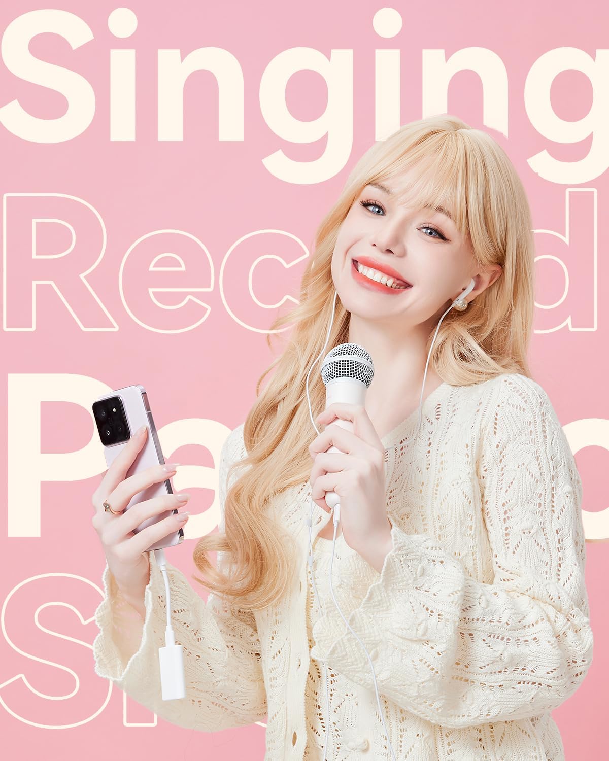 Singing Microphone with Earphone, Ideal for Vocal Recording, Podcasting, Live Streaming, Gaming, Compatible with Smule & Starmaker & Stingray, USB-C Dongle & Lightning Adapter, White