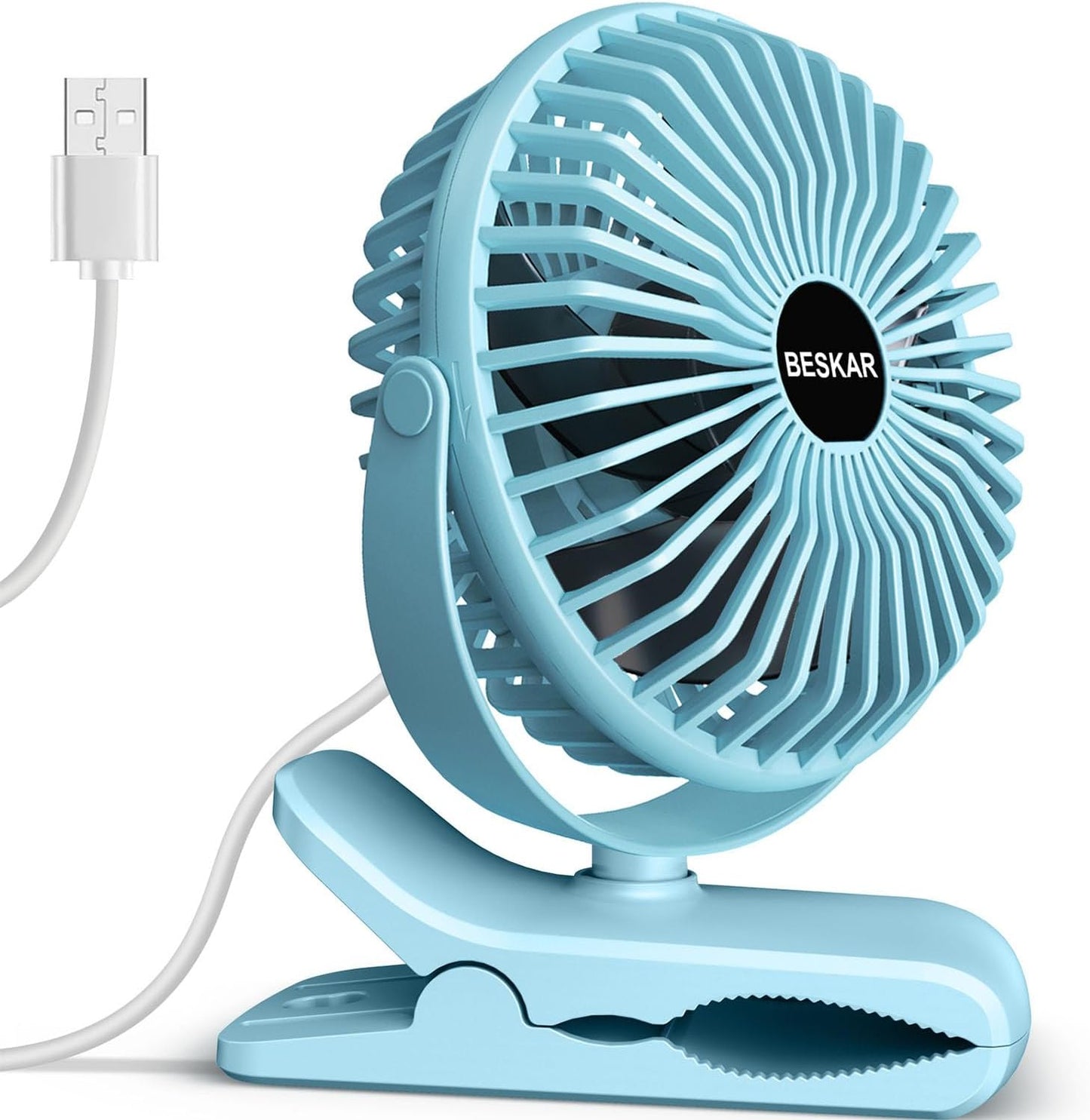 BESKAR USB Clip on Fan, Portable Small Desk Fan with Cord Powered | 3 Speeds Strong Airflow, Sturdy Clamp, Ultra Quiet Personal Cooling Fan for Office Dorm Bedroom Stroller