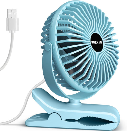 BESKAR USB Clip on Fan, Portable Small Desk Fan with Cord Powered | 3 Speeds Strong Airflow, Sturdy Clamp, Ultra Quiet Personal Cooling Fan for Office Dorm Bedroom Stroller