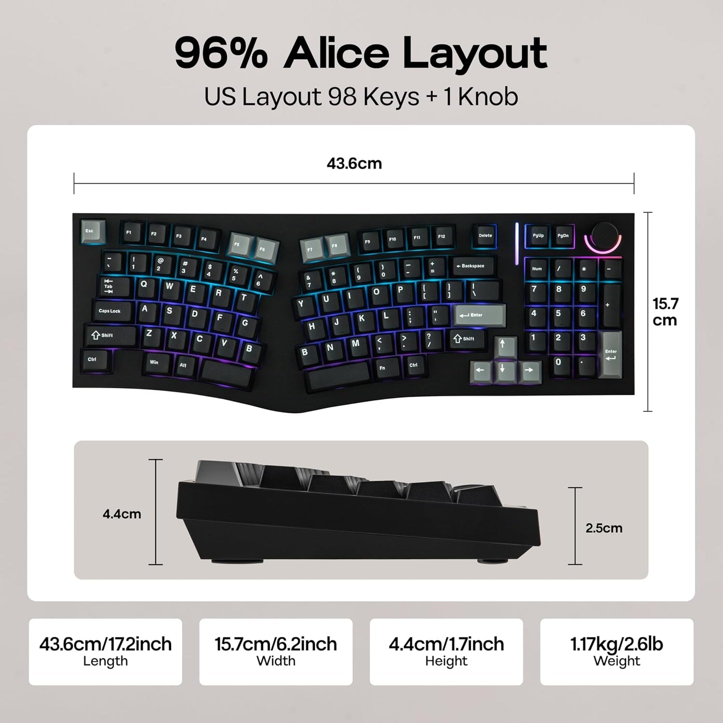 MechLands Feker Alice98 Ergonomic 98 Keys Custom Mechanical Keyboard | VIA Programmable, USB-C Wired Gaming Keyboard, Hot Swappable, 5 Layer Paddings, Control Knob, NKRO, RGB for Win/Mac (Black)